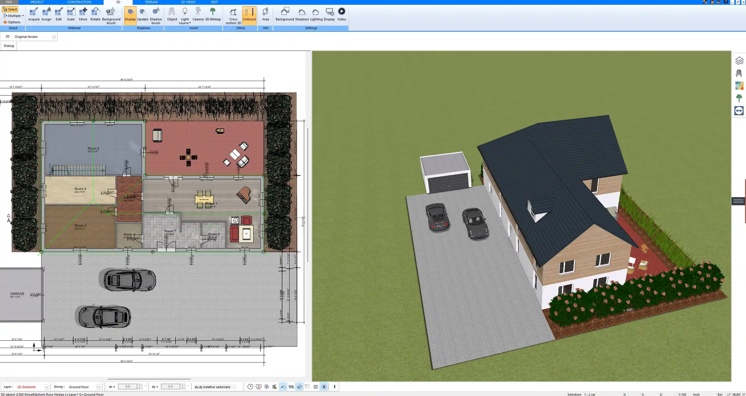 3D floor plan visualization with labeled abbreviations – rendered in Plan7Architect