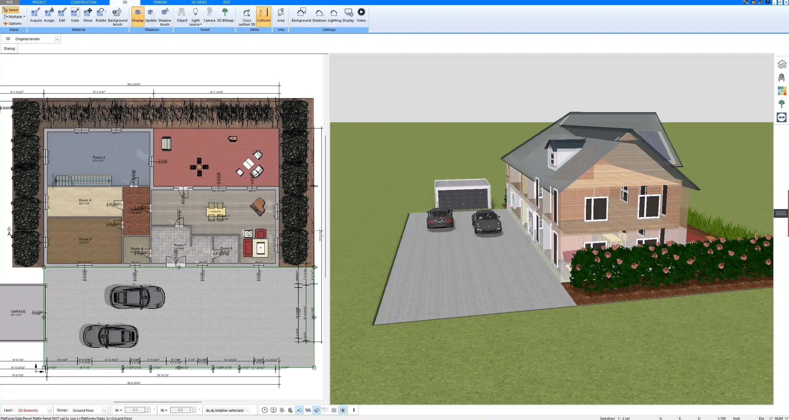 3D visualization of a house project alongside its 2D construction drawings in Plan7Architect