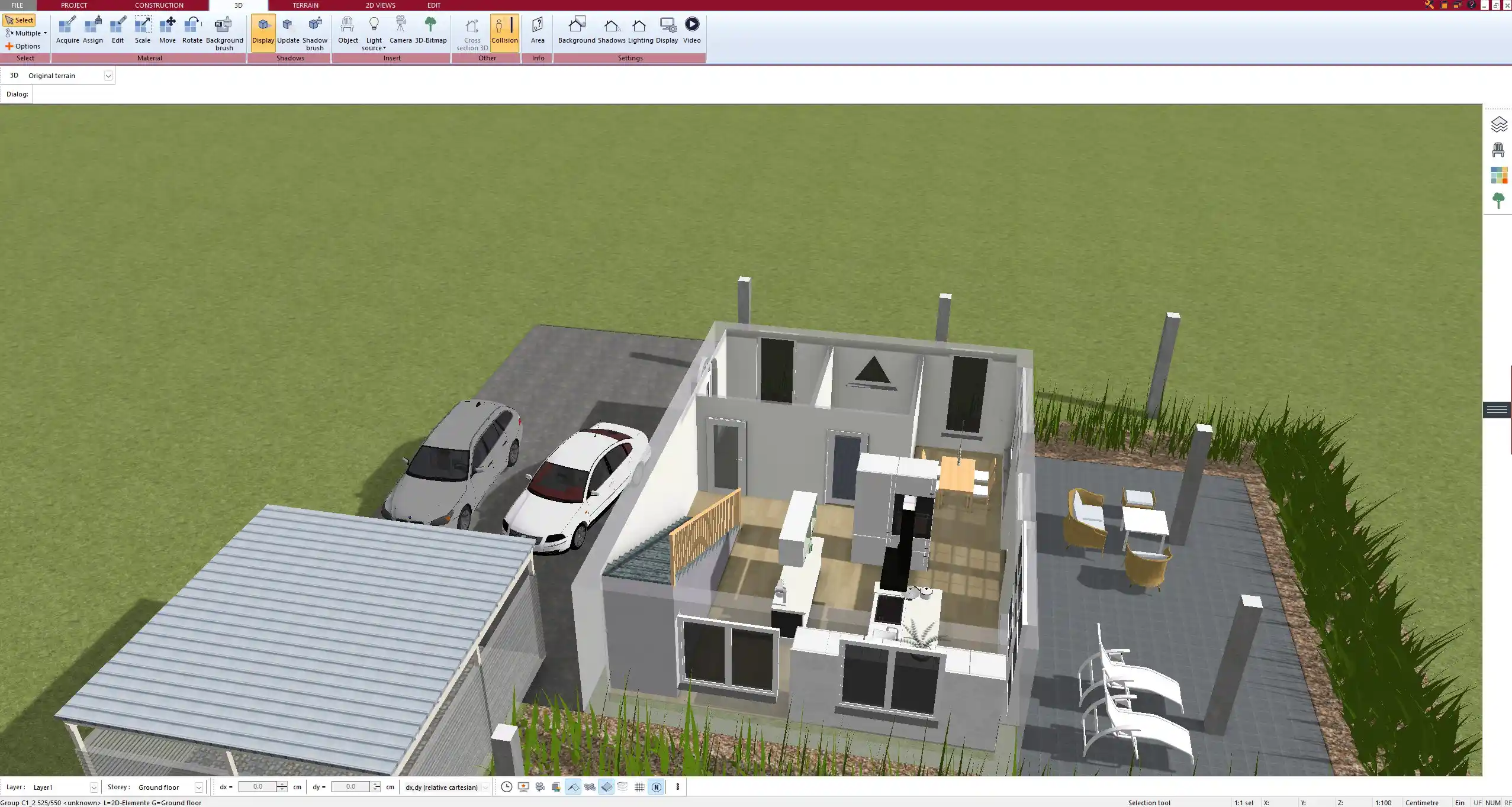 3D visualization of a house project with RL levels displayed in Plan7Architect