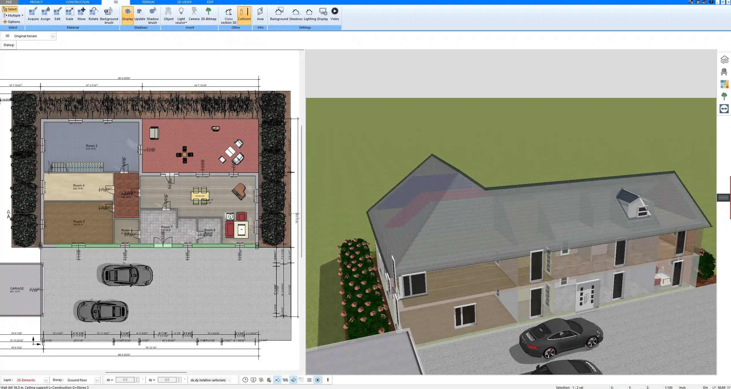 3D visualization of a room with ceiling heights and finishes modeled in Plan7Architect
