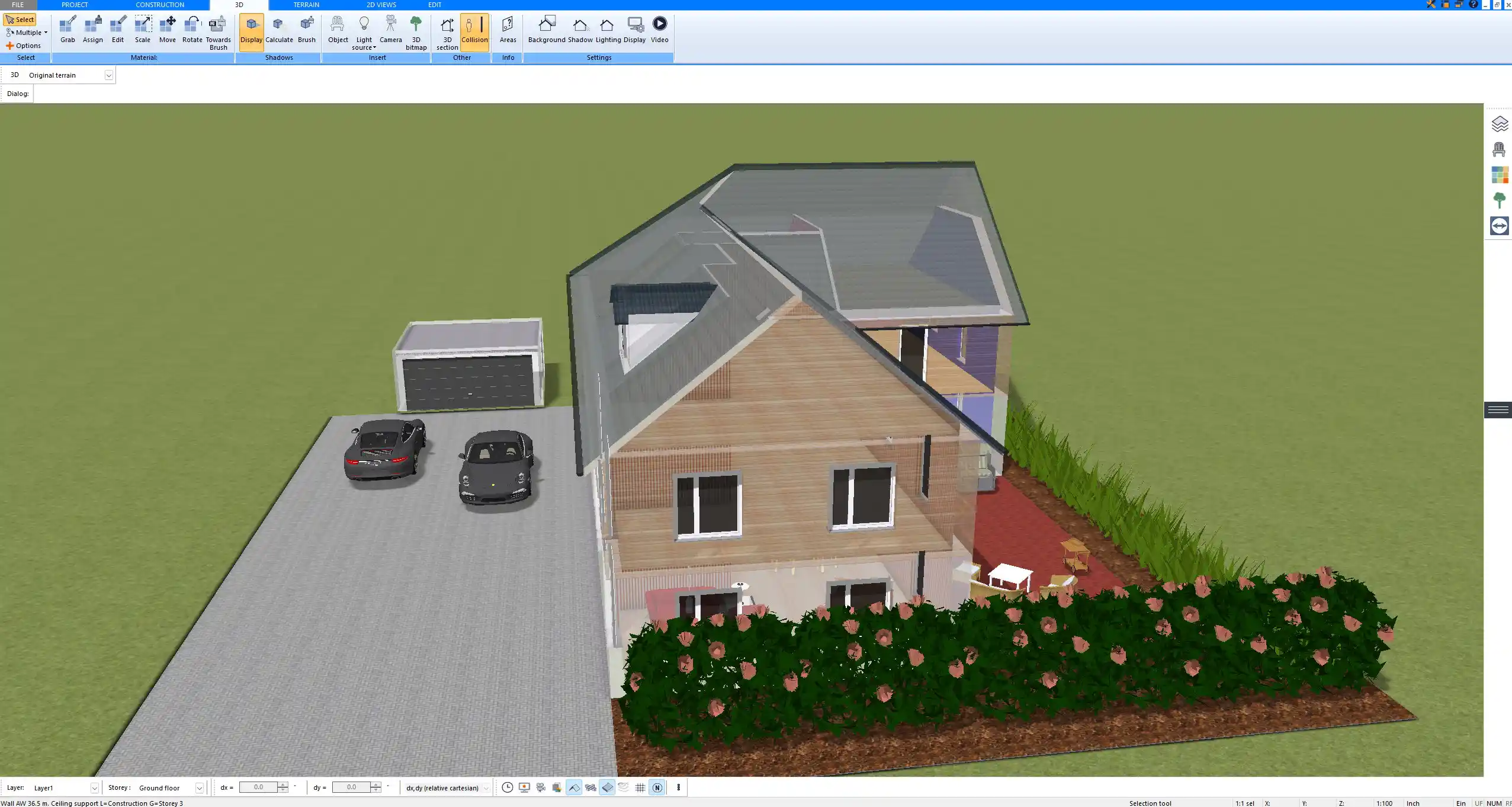 3D visualization of tilt-up panels positioned on the foundation, generated in Plan7Architect