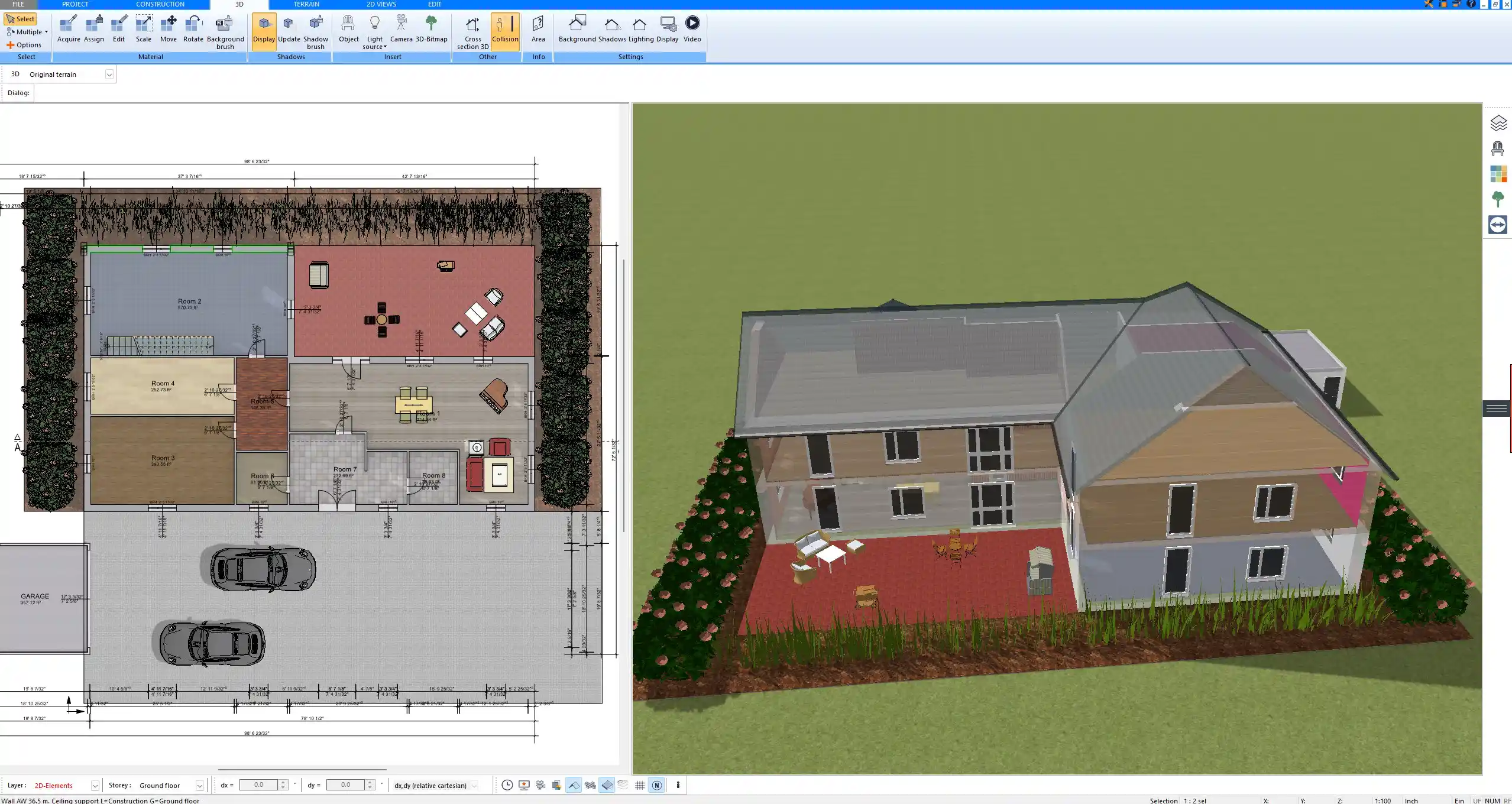 Basement home gym concept created in Plan7Architect with separate areas for strength and stretching