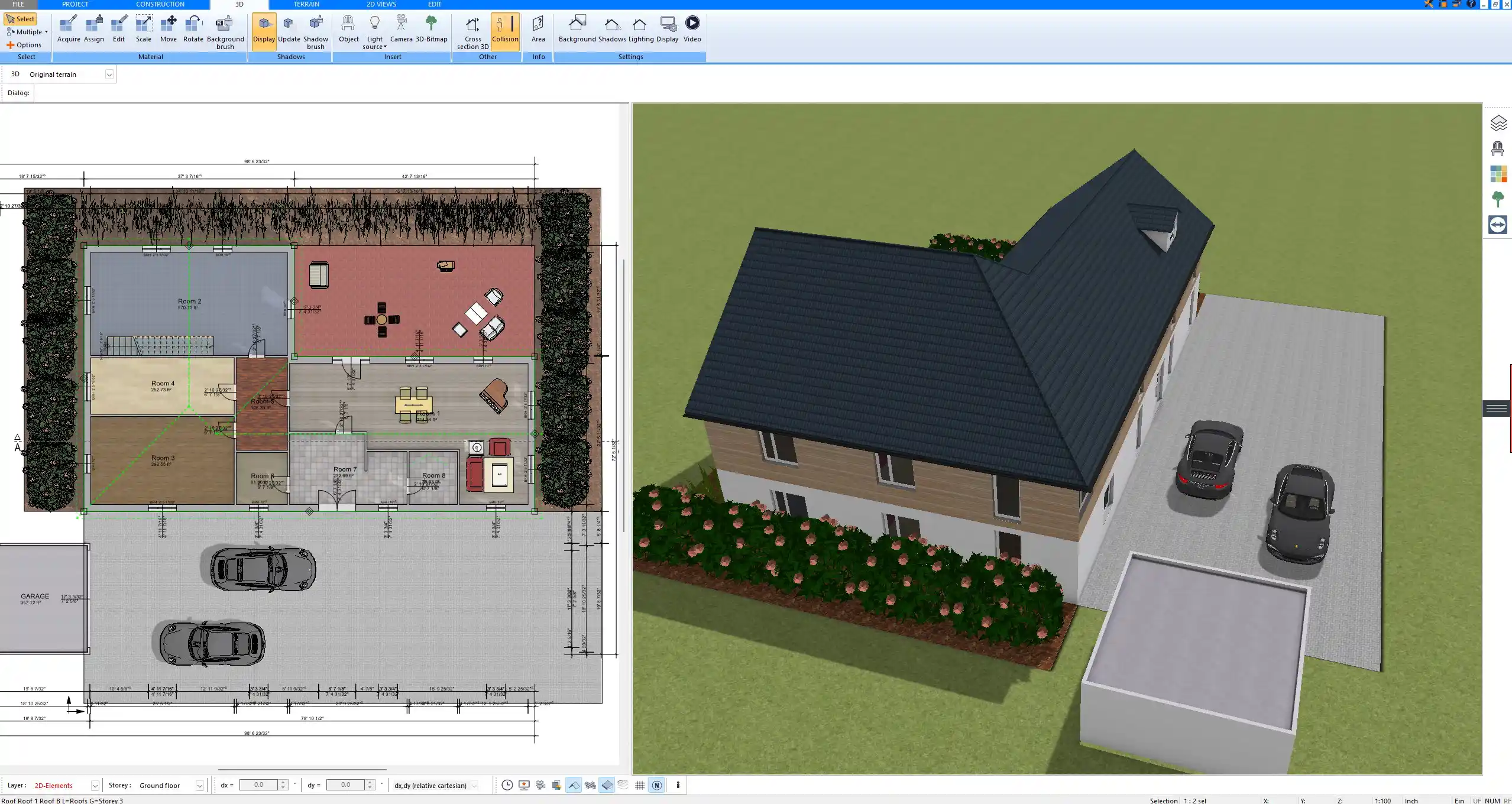Complete house model generated from a simple floor plan in Plan7Architect