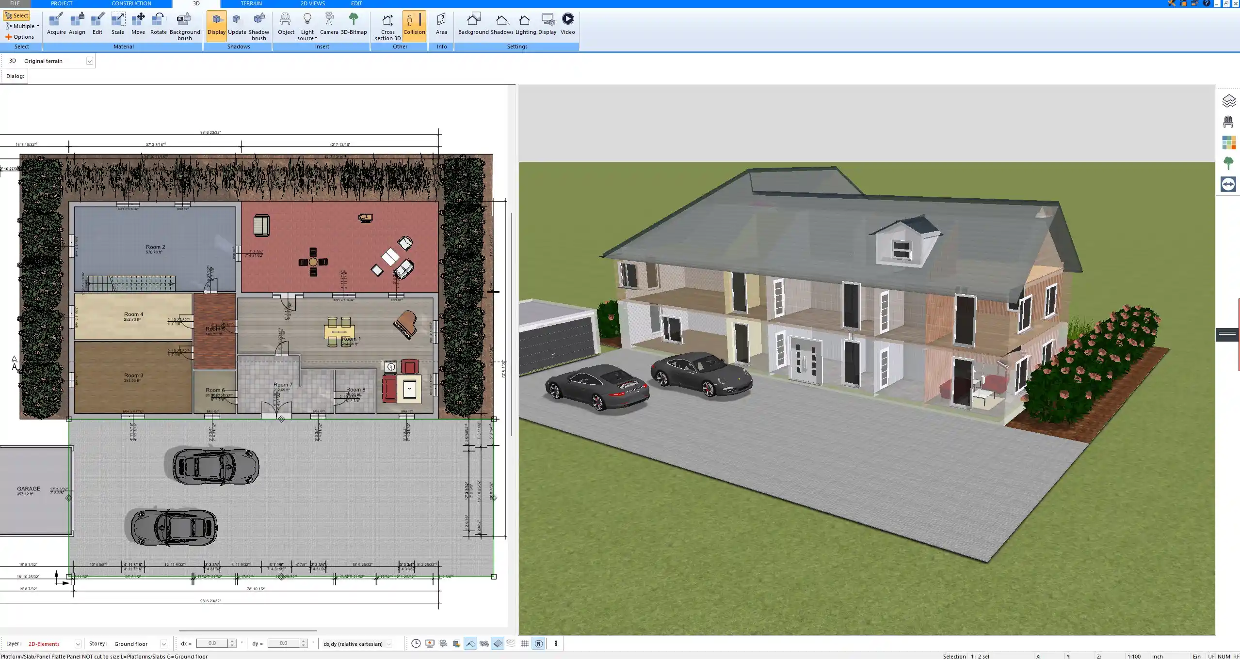 Construction drawing in Plan7Architect showing detailed wall dimensions and structural elements