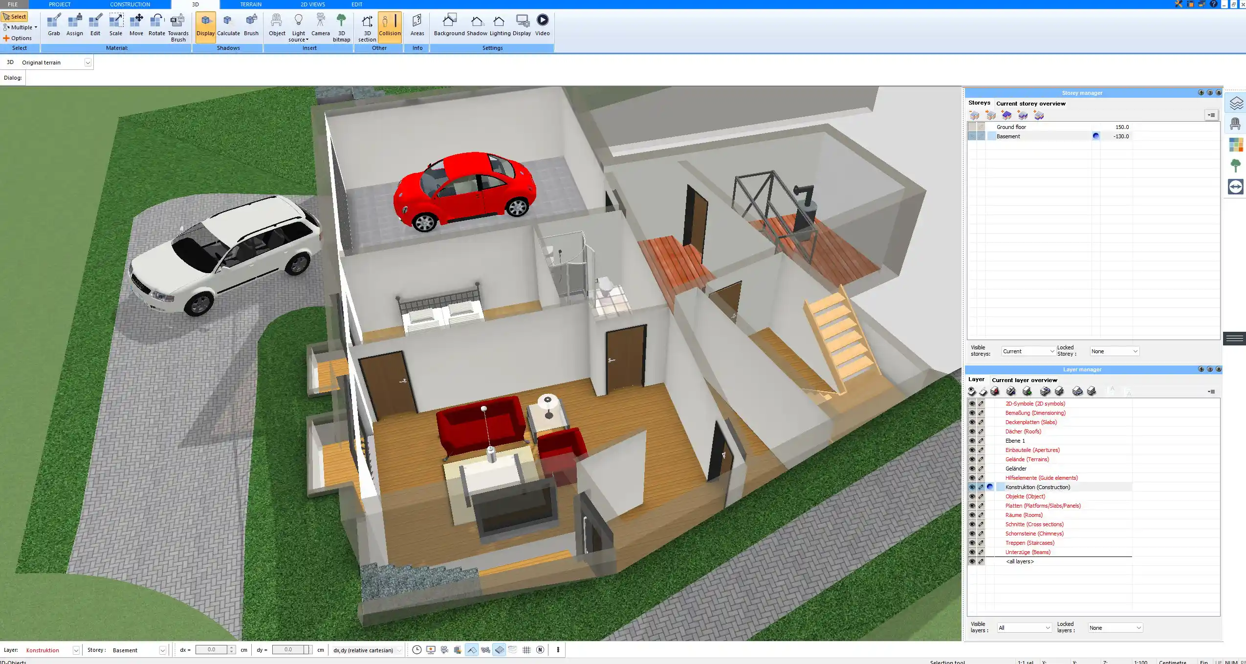 Designing interior spaces and adding furniture directly in Plan7Architect