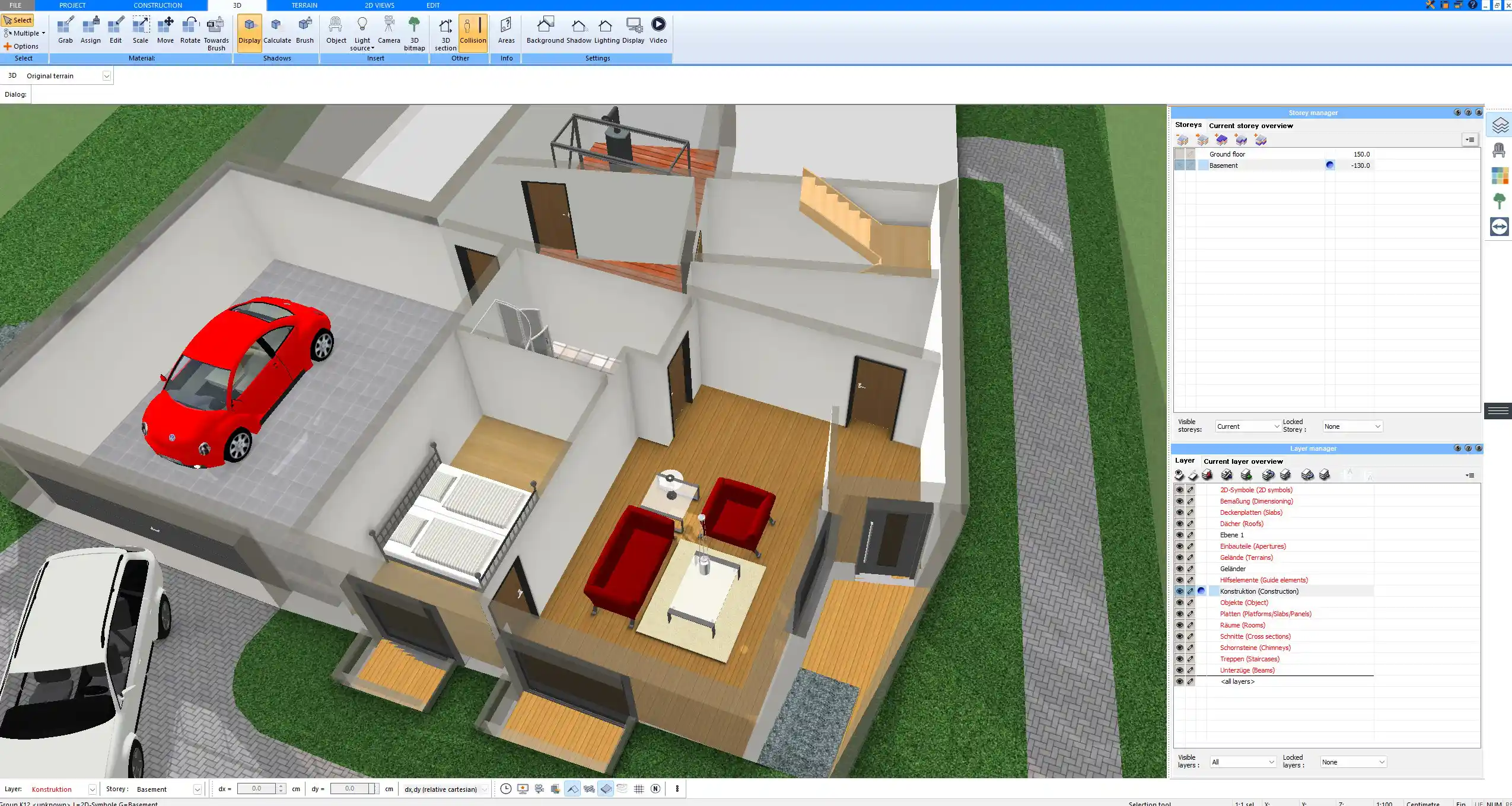 3D visualization of a U-shaped ranch floor plan with central courtyard, made with Plan7Architect