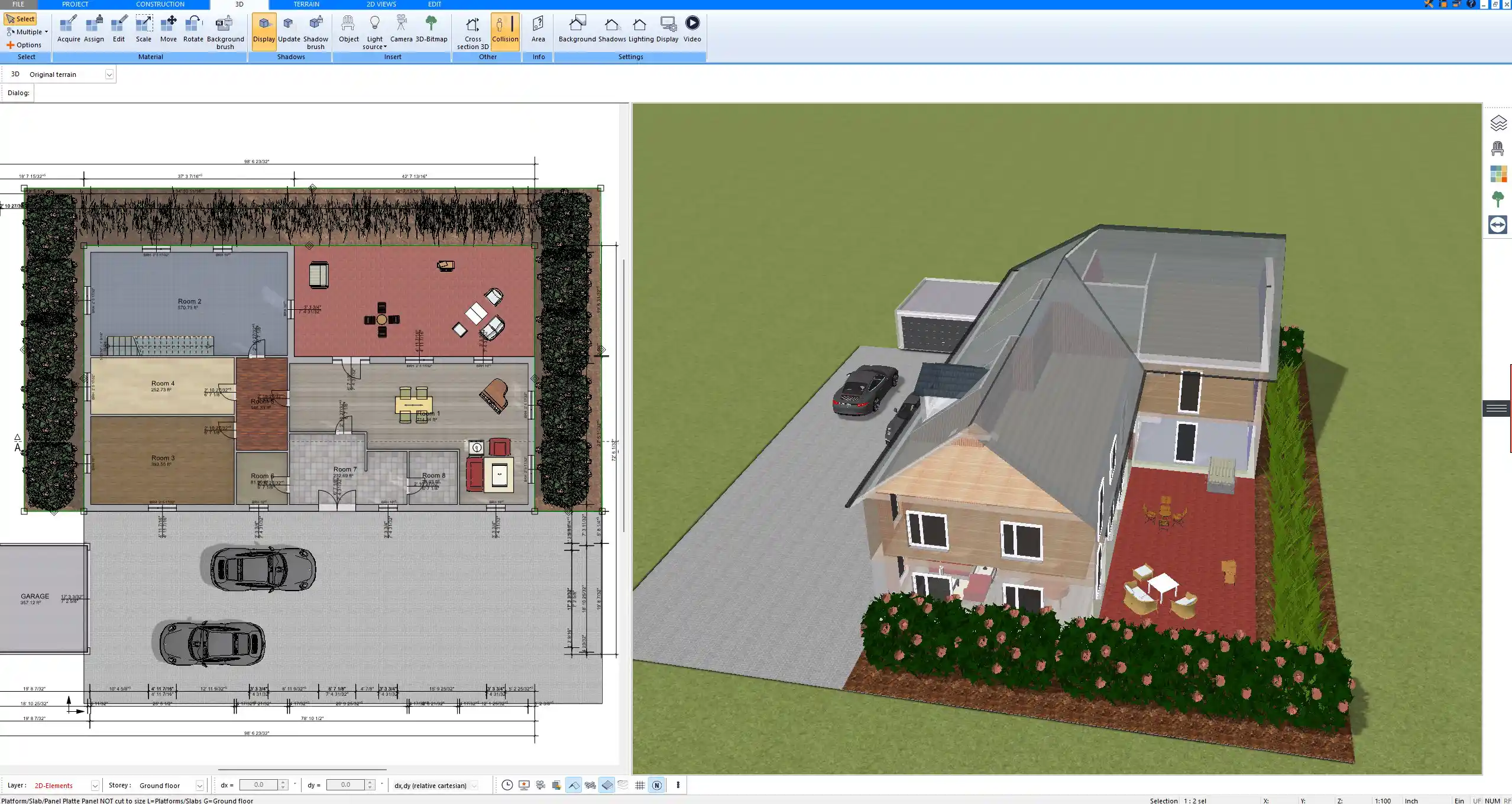 Example of a professional house layout drawn in Plan7Architect, including windows and doors.