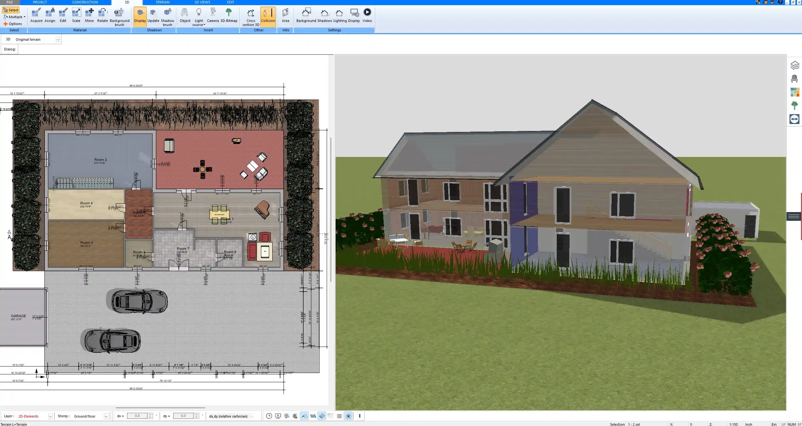 3D visualization of a farm house exterior with wide porch, designed in Plan7Architect