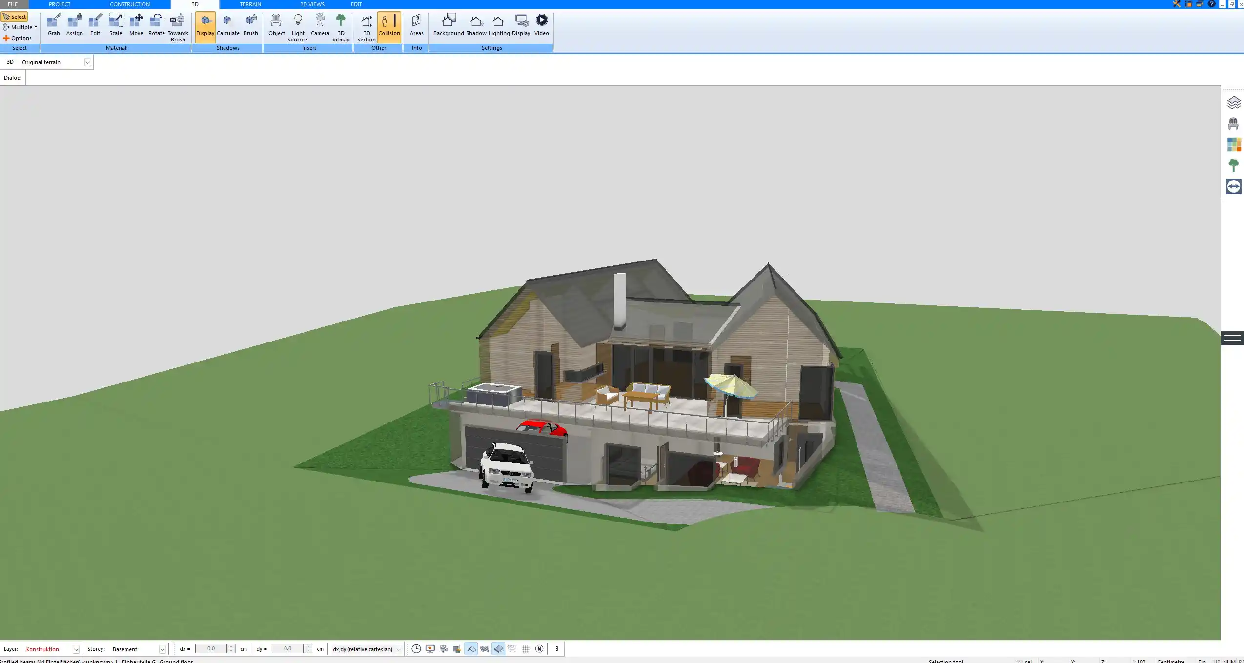 3D visualization of a landscaped backyard with terrace and pool, designed in Plan7Architect