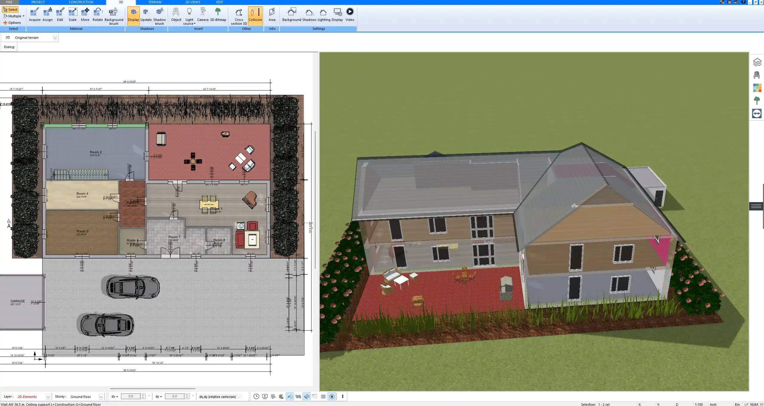 Complete property planning with terrace and landscaping around a container home in Plan7Architect