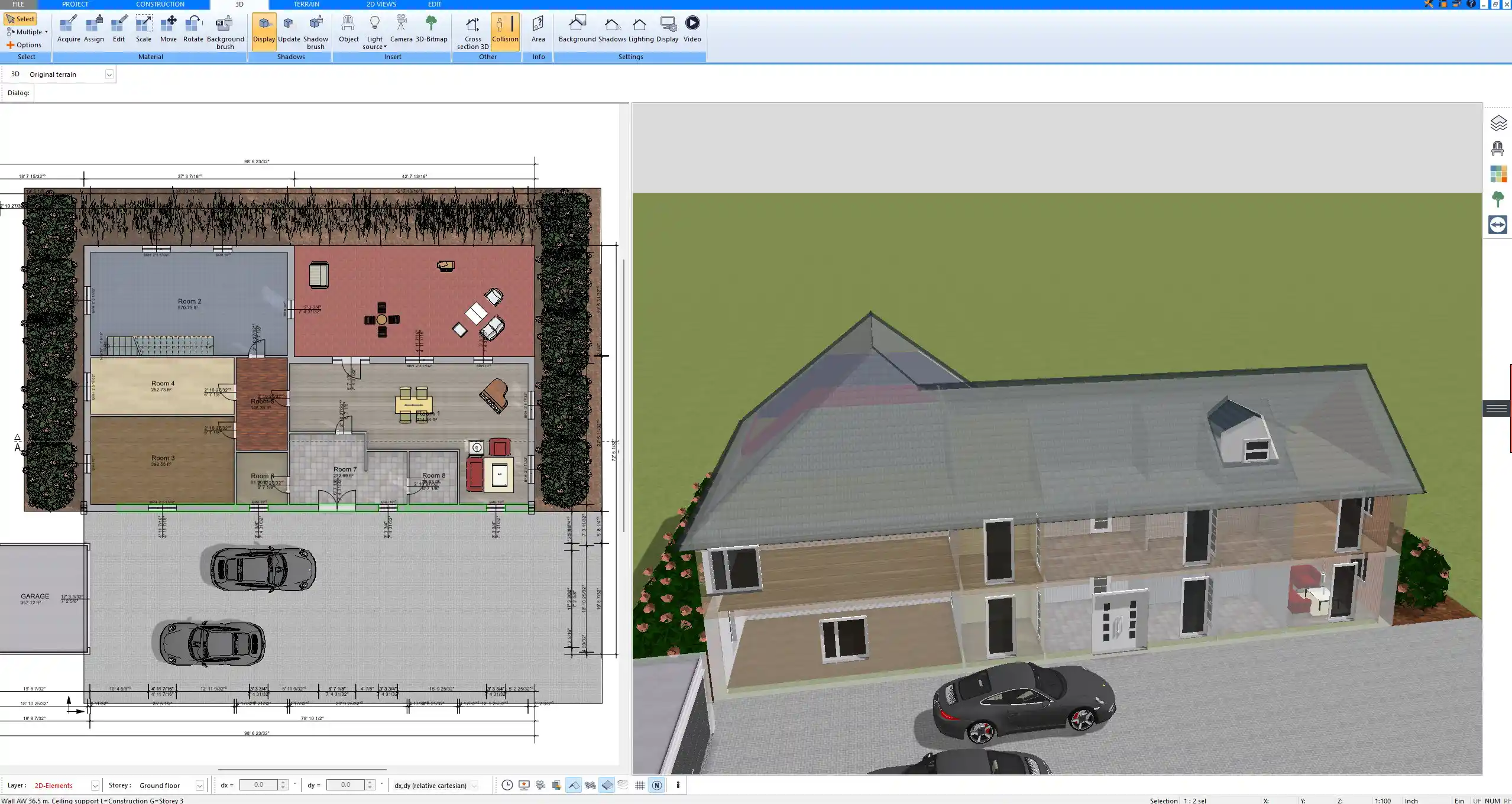 Complete property visualization with house, garden, and driveway created in Plan7Architect software