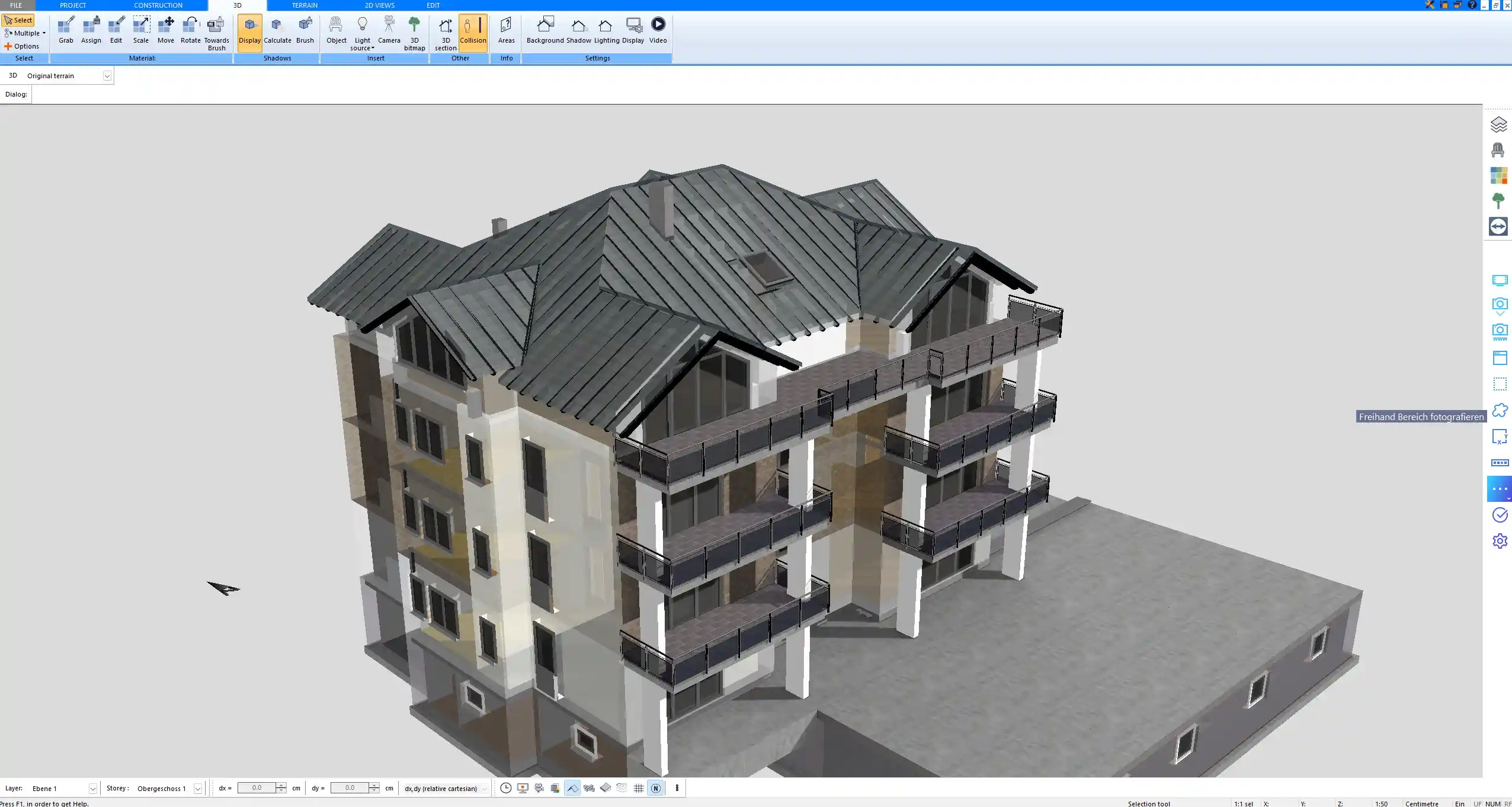 3D architectural model built in Plan7Architect illustrating realistic building proportions and roof structure
