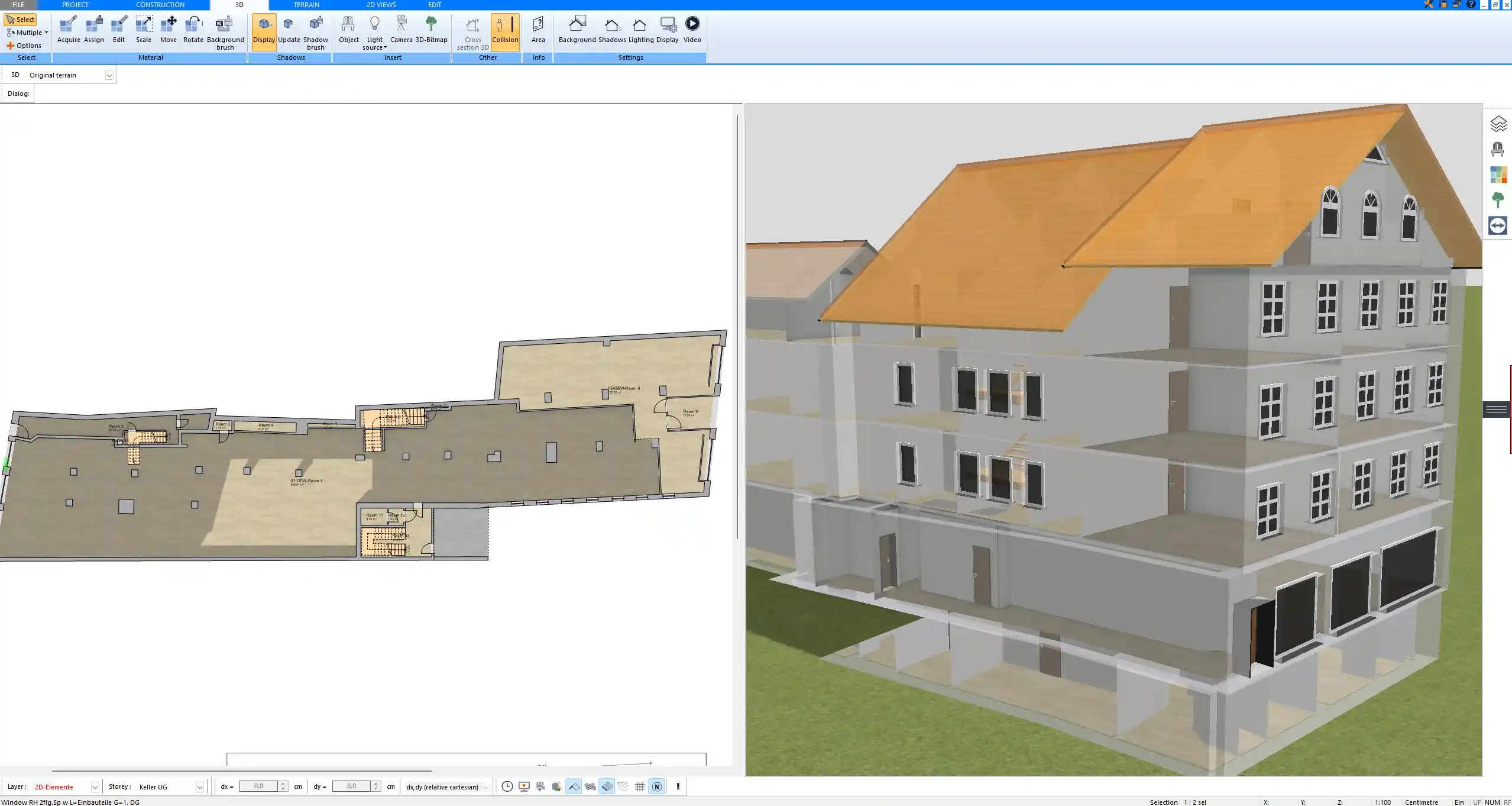 3D exterior building model designed in Plan7Architect based on the technical construction plan