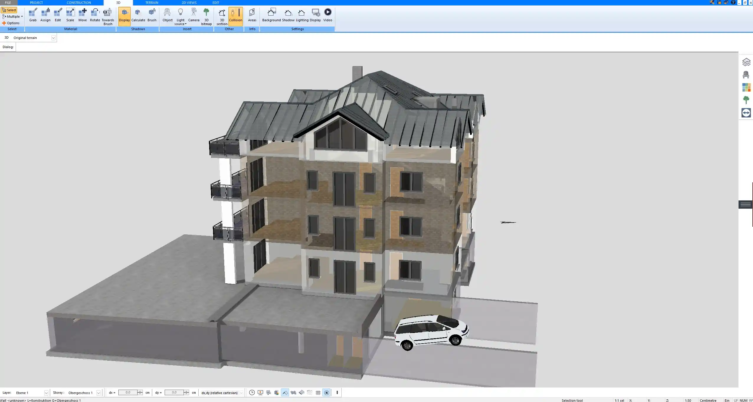 Automatic 3D model generated from the floor plan inside Plan7Architect