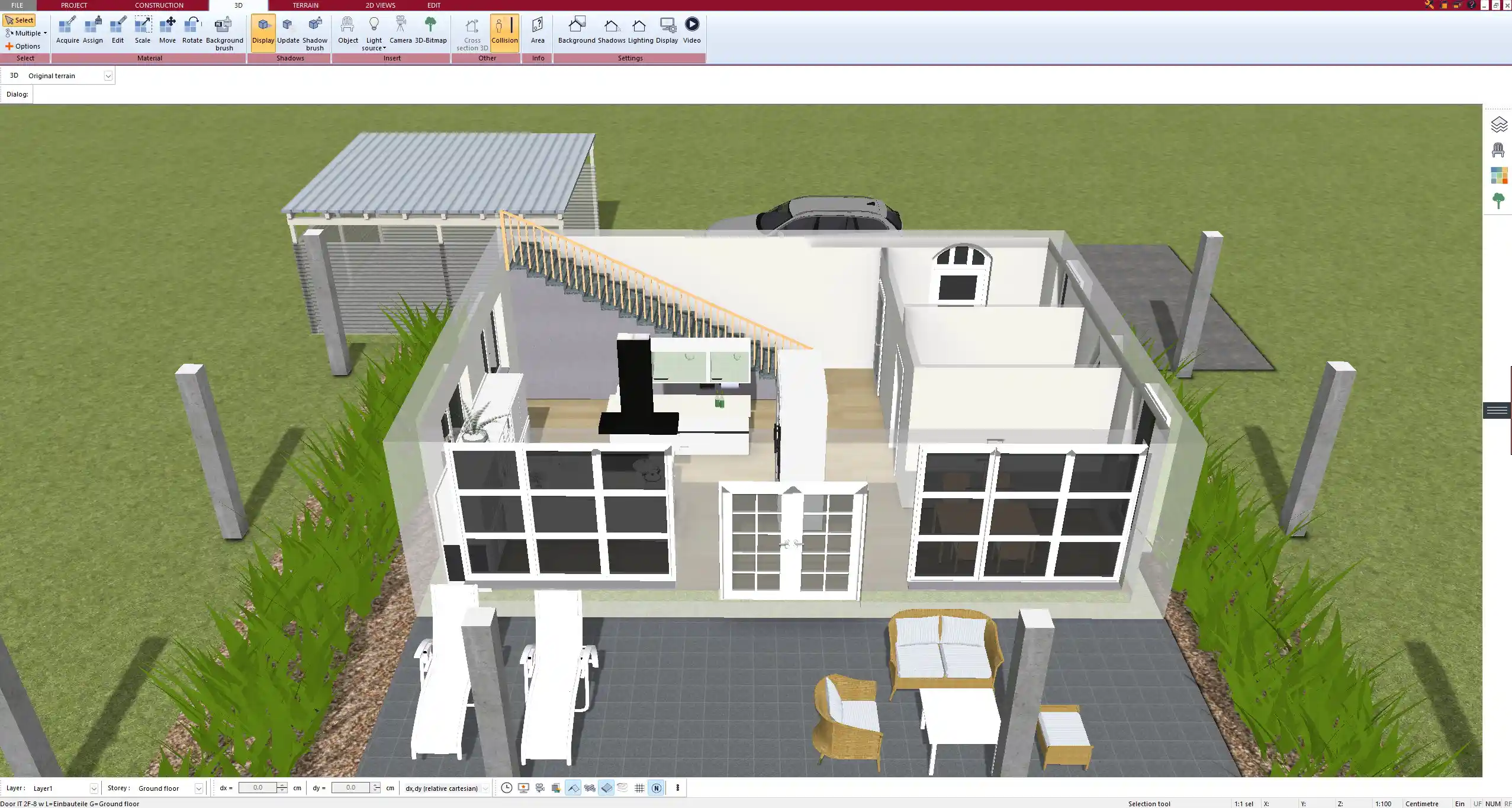 3D site planning view created with Plan7Architect Pro, showing how the house, garden, driveway, and outdoor areas fit together on the land