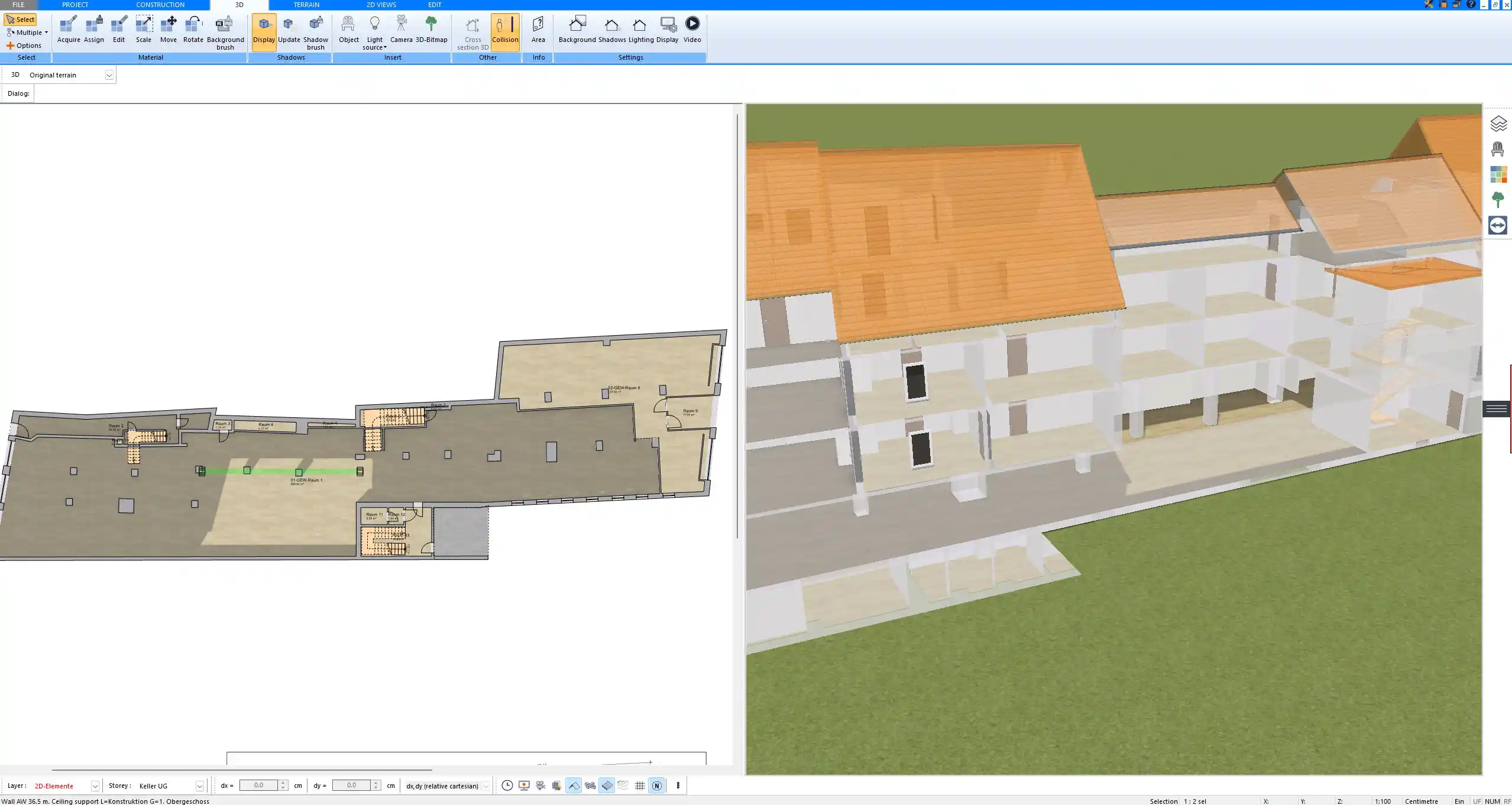 Blueprint-style house planning view created with Plan7Architect Pro, combining technical layout information with clear building structure