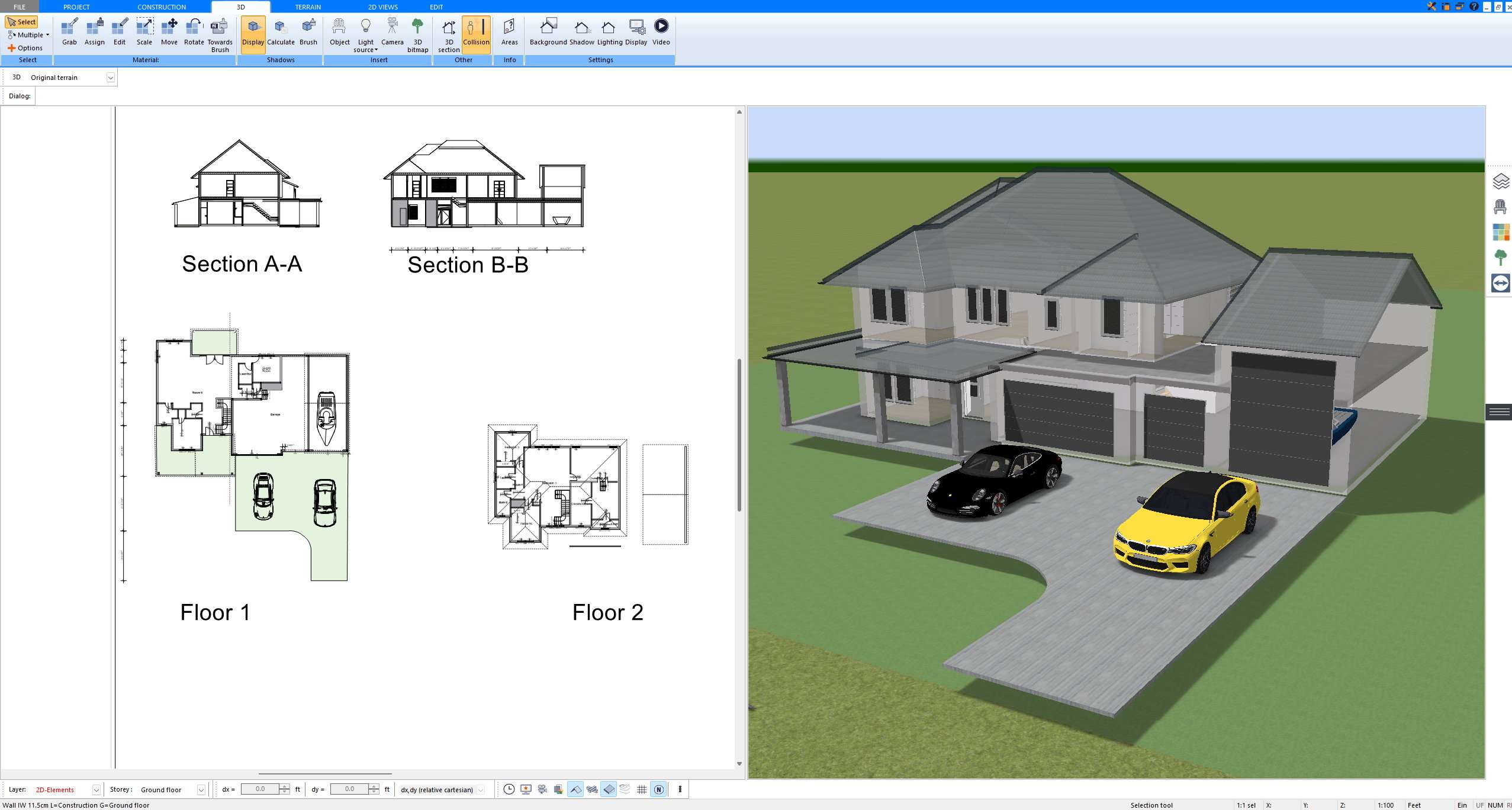 Complete 2D and 3D house planning project created with Plan7Architect Pro to compare room layout options before building