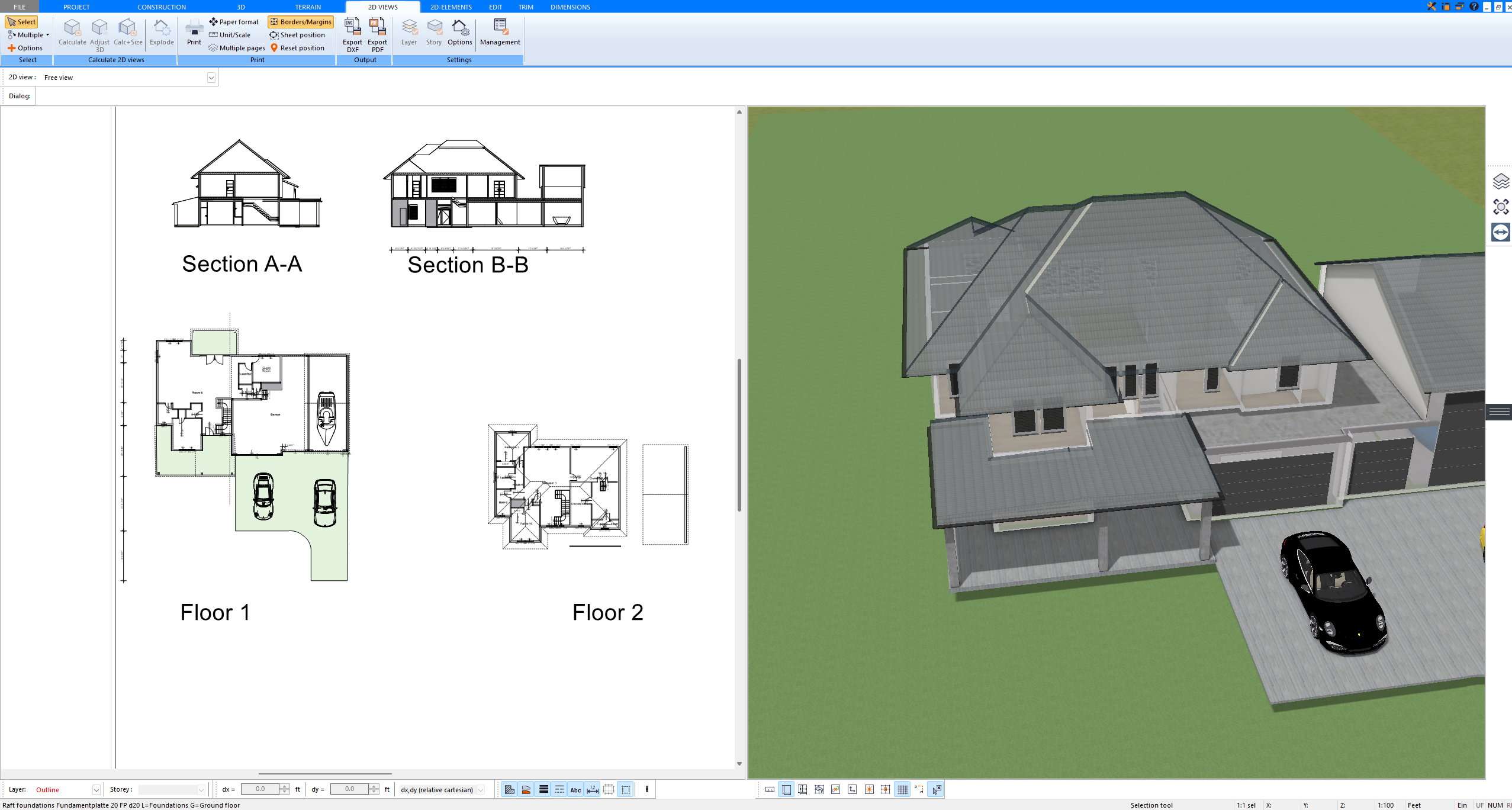 Plan sheet with floor plan and building views exported from Plan7Architect Pro