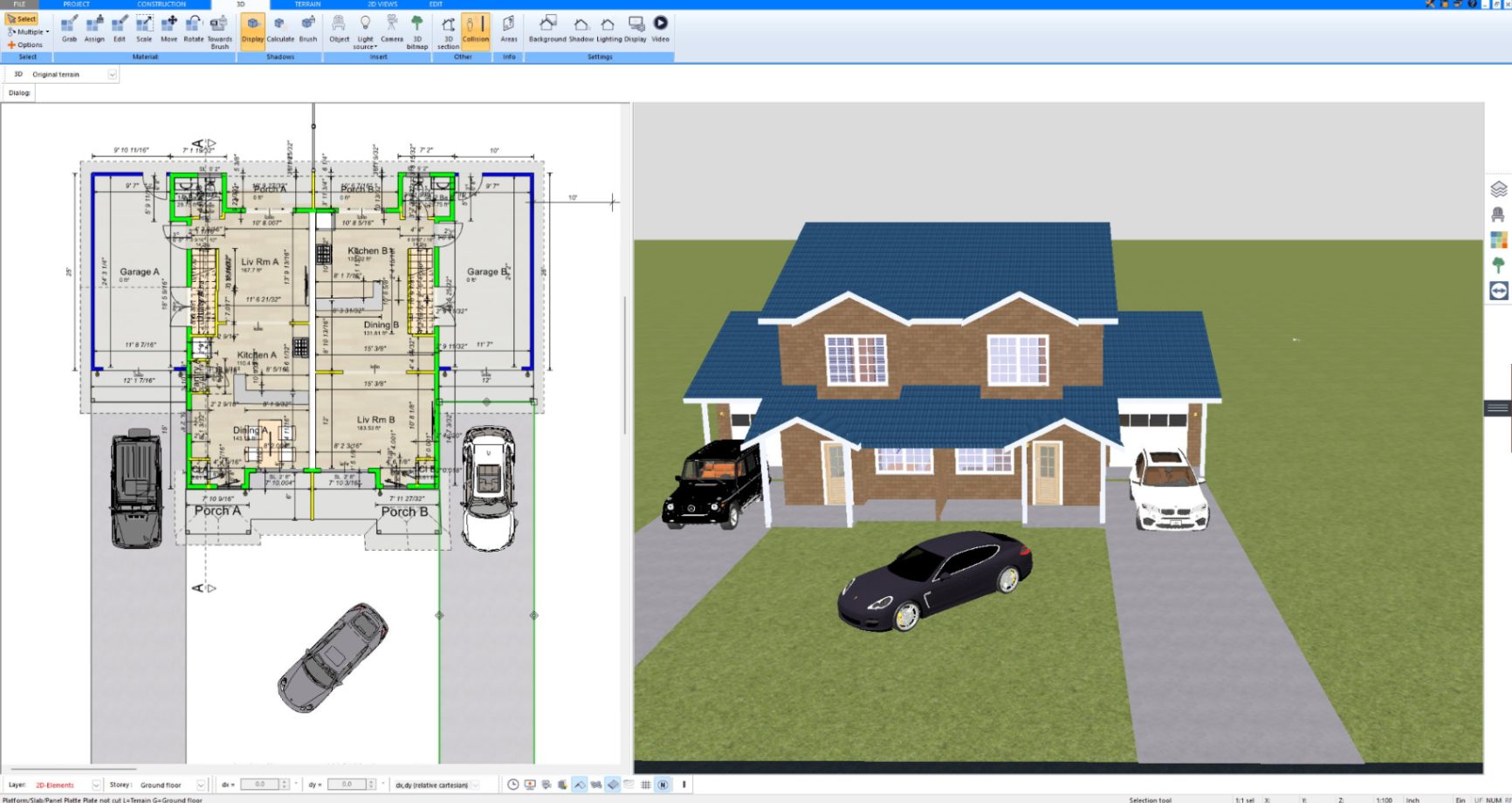 2D floor plan and 3D front view of a two-story brick house with driveway designed in Plan7Architect