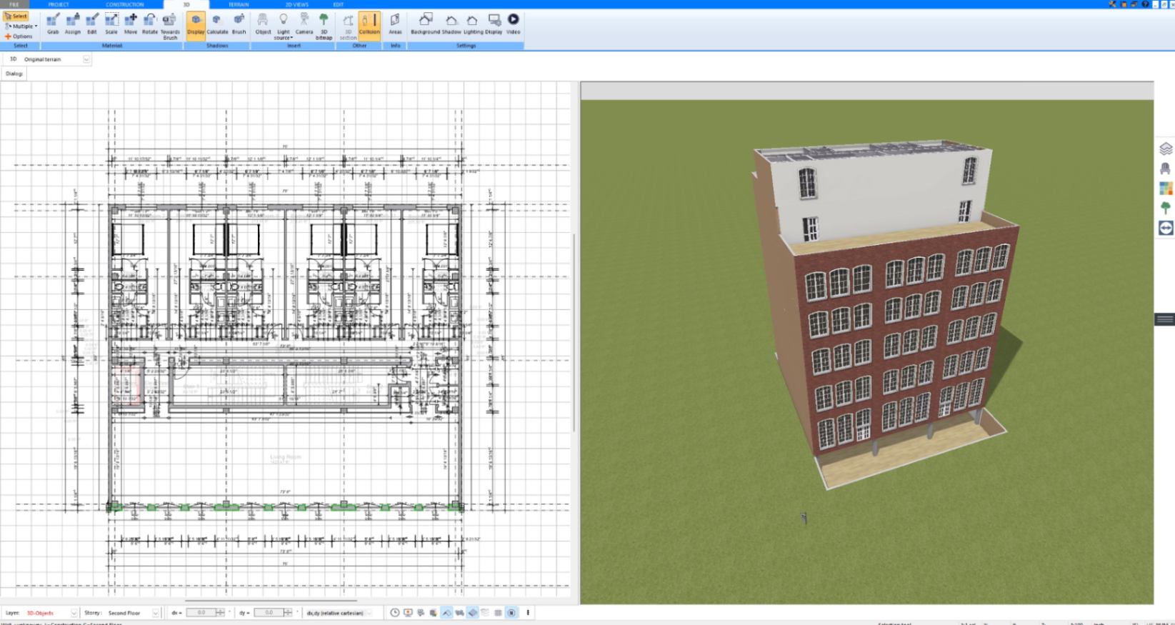 2D floor plan and 3D model of a 6-story brick apartment building created with Plan7Architect