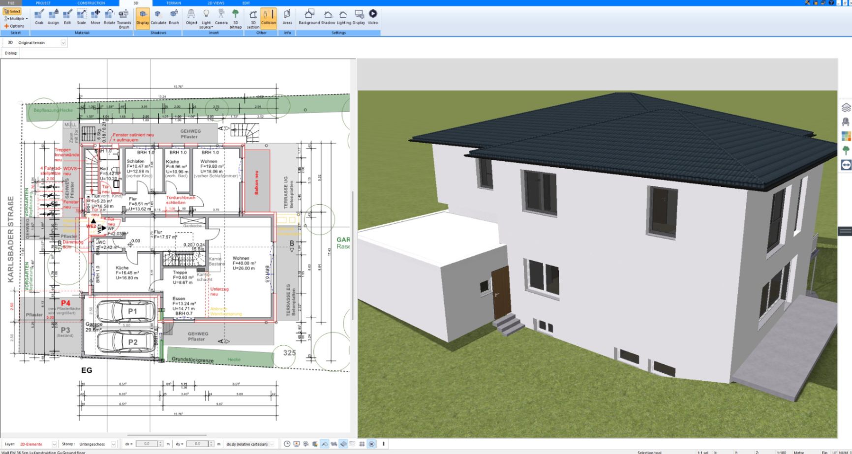 2D floor plan and 3D model of a modern white two-story house in Plan7Architect