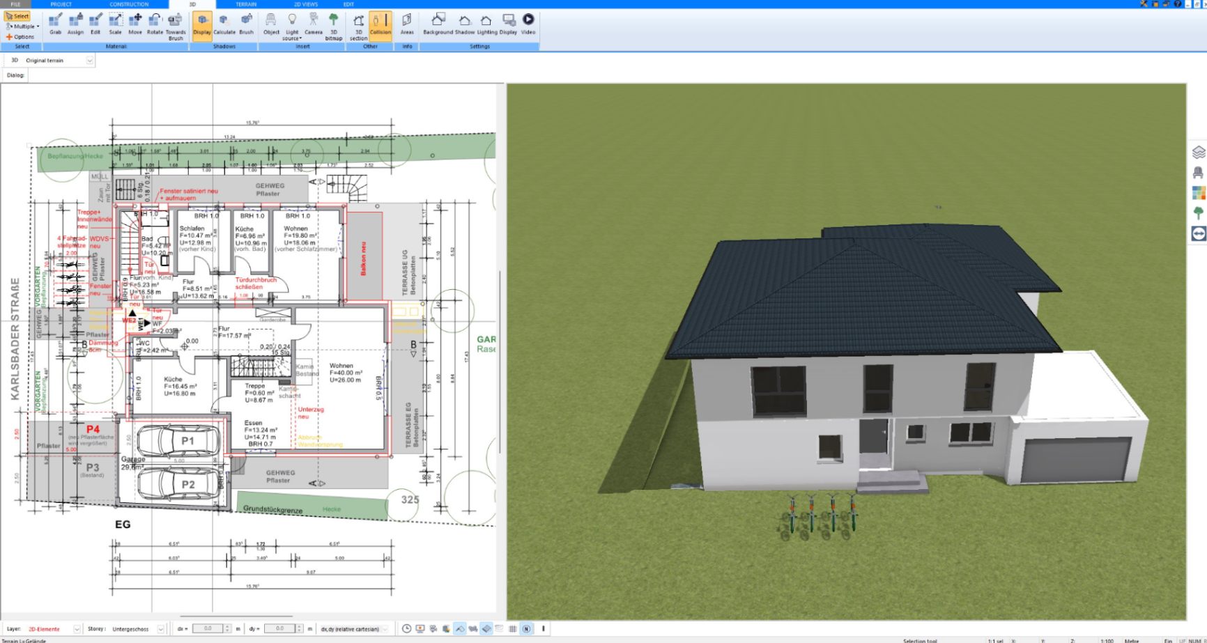 2D floor plan and 3D model of a two-story house with hip roof and garage created with Plan7Architect