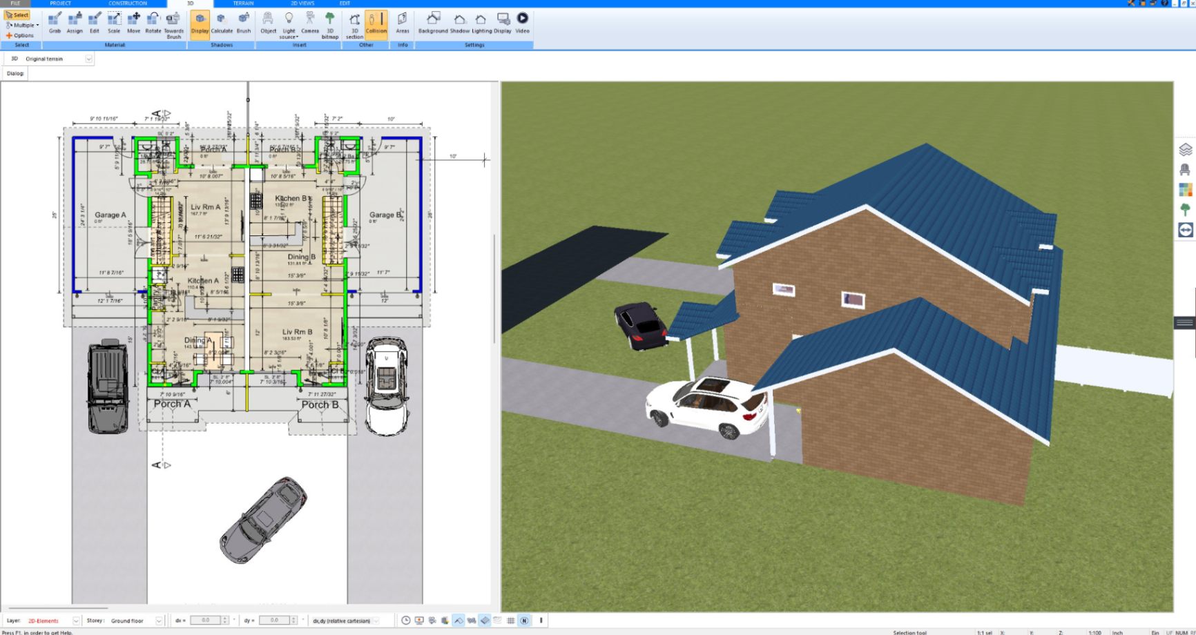 2D floor plan with dimensions and 3D house model created in Plan7Architect