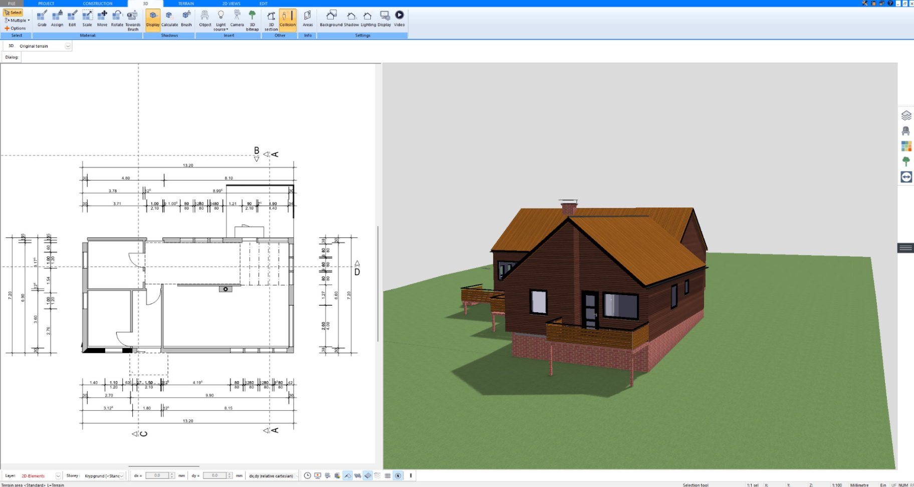 2D floor plan with dimensions and 3D model of a wooden house with deck in Plan7Architect