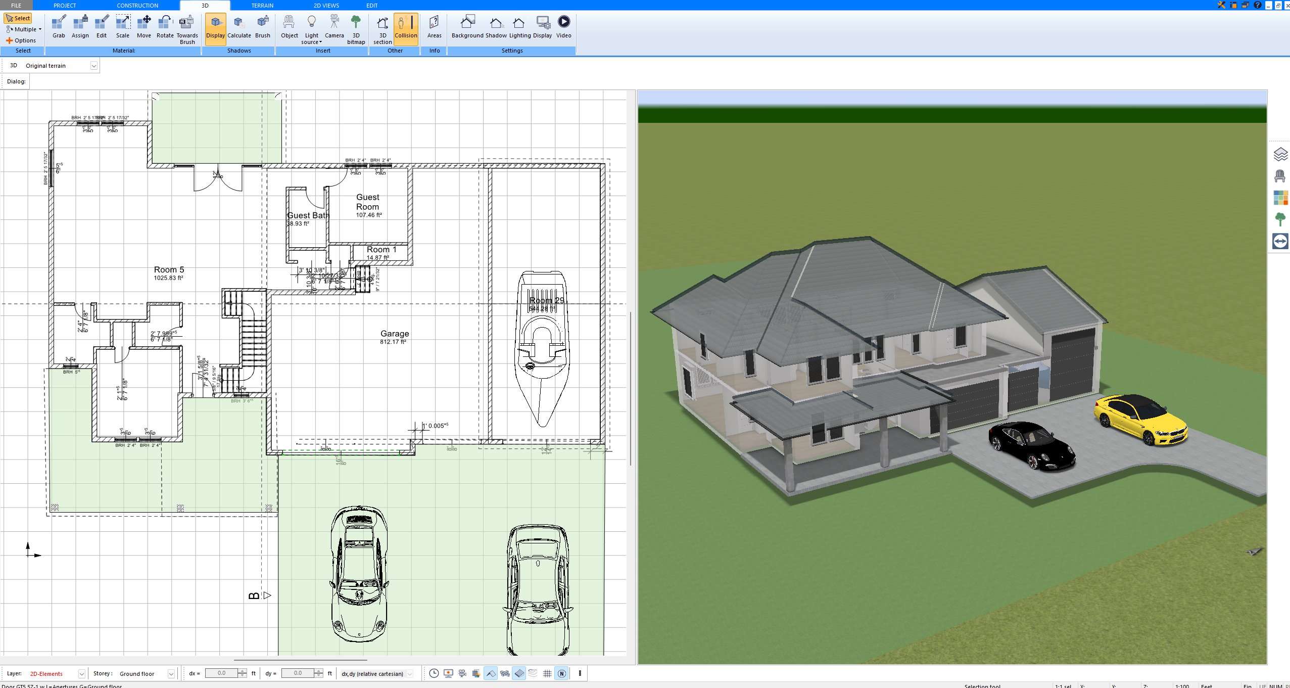 2D floor plan with door swings and 3D model of a two-story house created with Plan7Architect