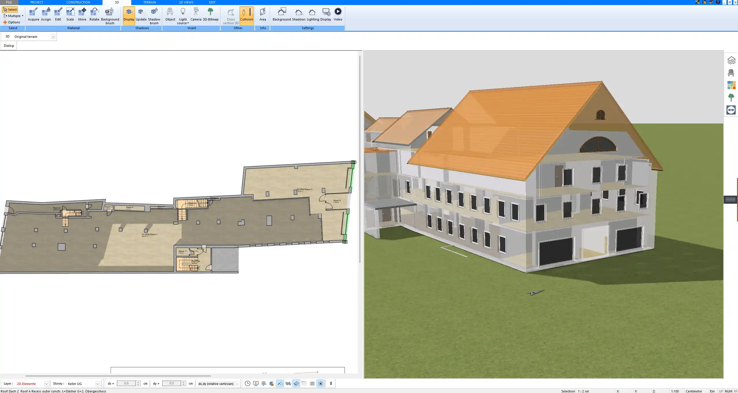3D cutaway created with Plan7Architect showing the ground floor and upper levels of a commercial building