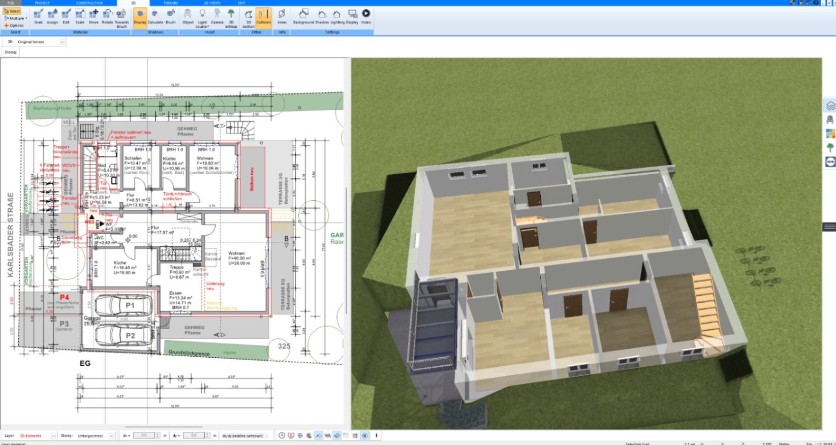 3D cutaway of a furnished ground floor with stairs created with Plan7Architect