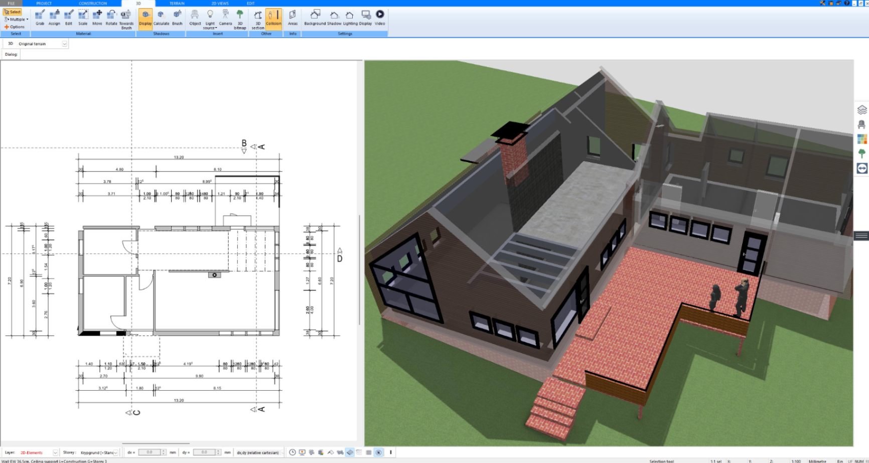 3D cutaway of a house with a large deck and stairs created with Plan7Architect