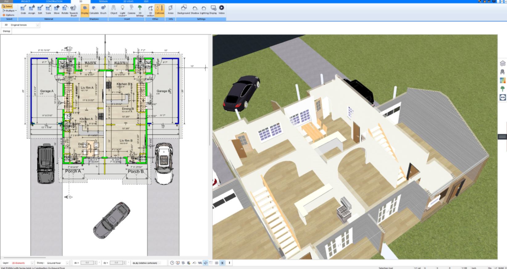 3D cutaway of a two-story house showing the staircase created with Plan7Architect