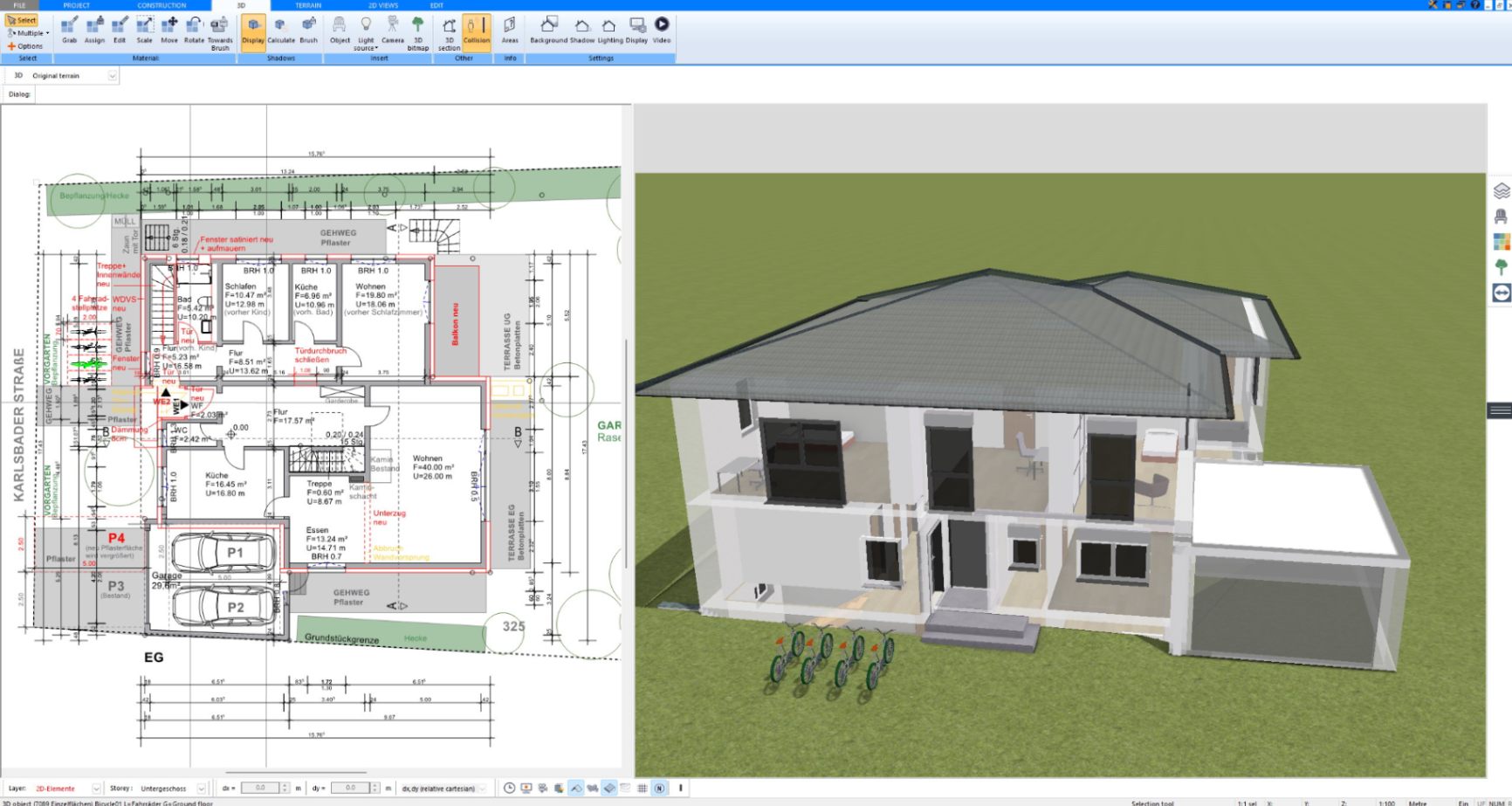 3D cutaway of a two-story house with open upper floor next to the 2D floor plan in Plan7Architect
