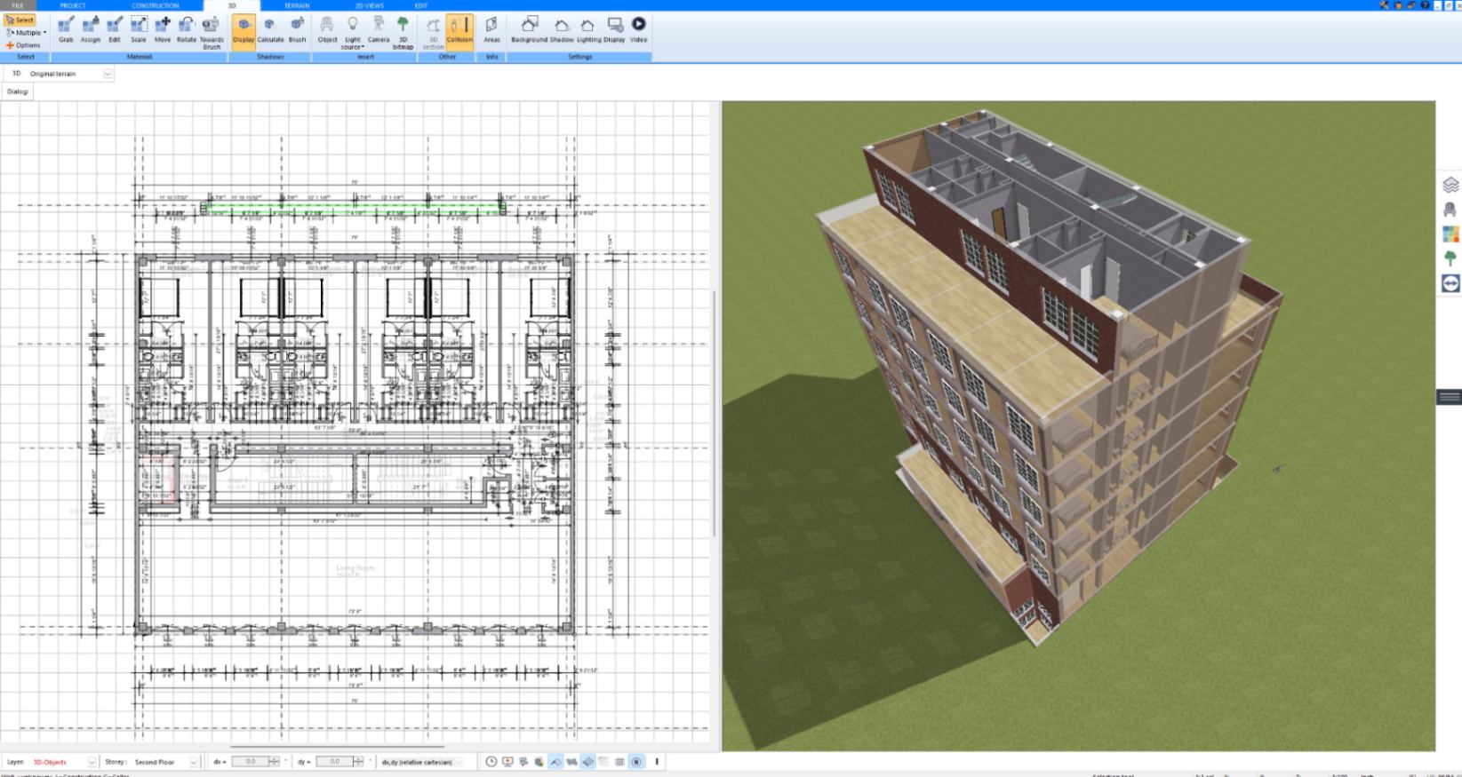 3D cutaway of an apartment building showing all floors next to the 2D plan in Plan7Architect