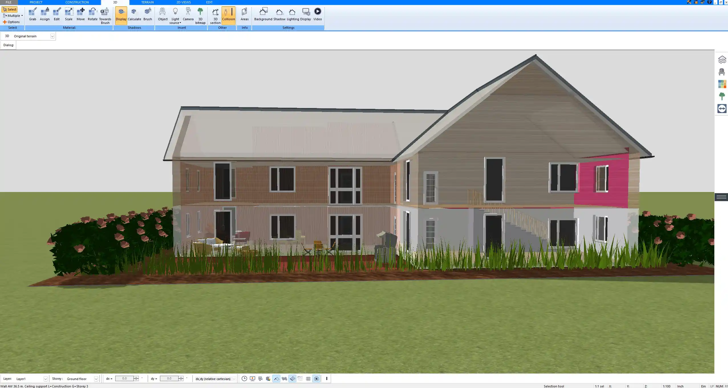 3D facade view created with Plan7Architect showing window sizes and positions on a two-story house
