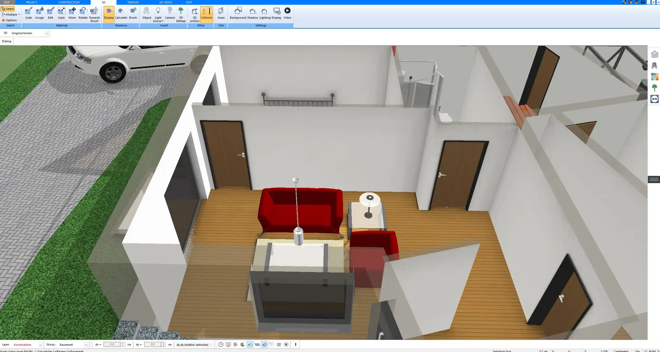 3D interior view created with Plan7Architect showing interior doors around a furnished living room