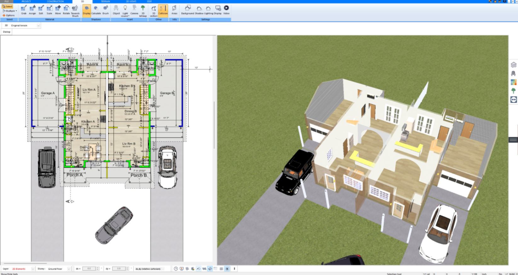3D interior view of a two-story house with open roof created in Plan7Architect