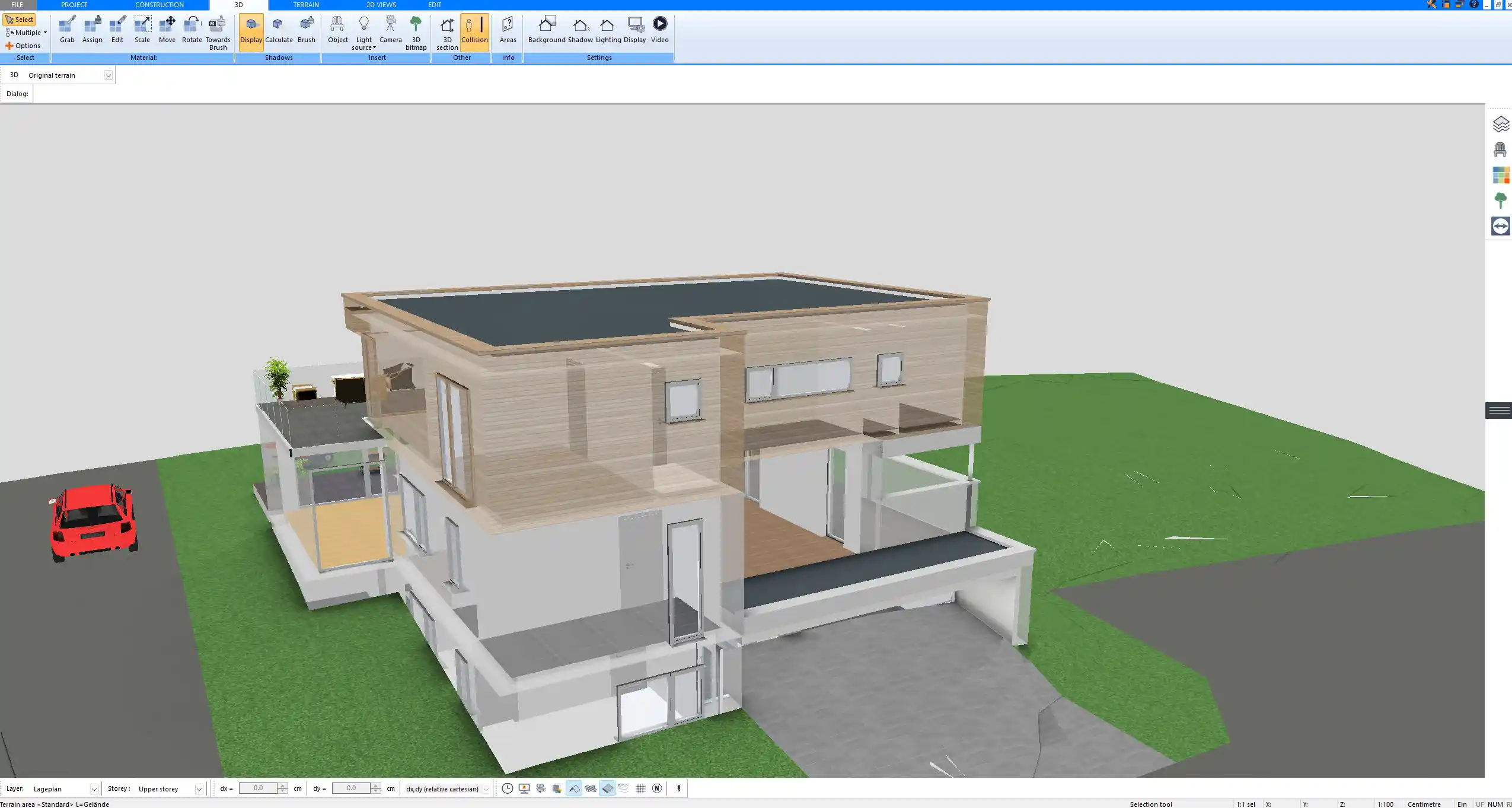 3D model created with Plan7Architect showing a hillside house with a walk-out basement and garage