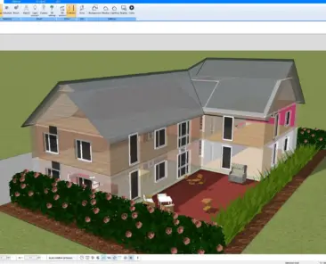 3D model created with Plan7Architect showing a house with a paved patio and outdoor furniture