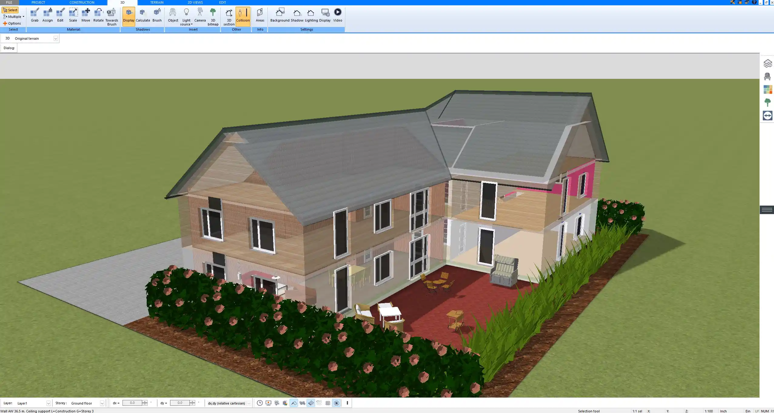 3D model created with Plan7Architect showing a house with a paved patio and outdoor furniture