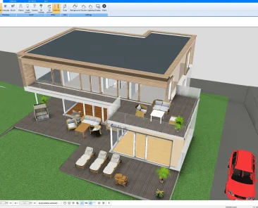 3D model created with Plan7Architect showing a modern house with a large deck and outdoor furniture