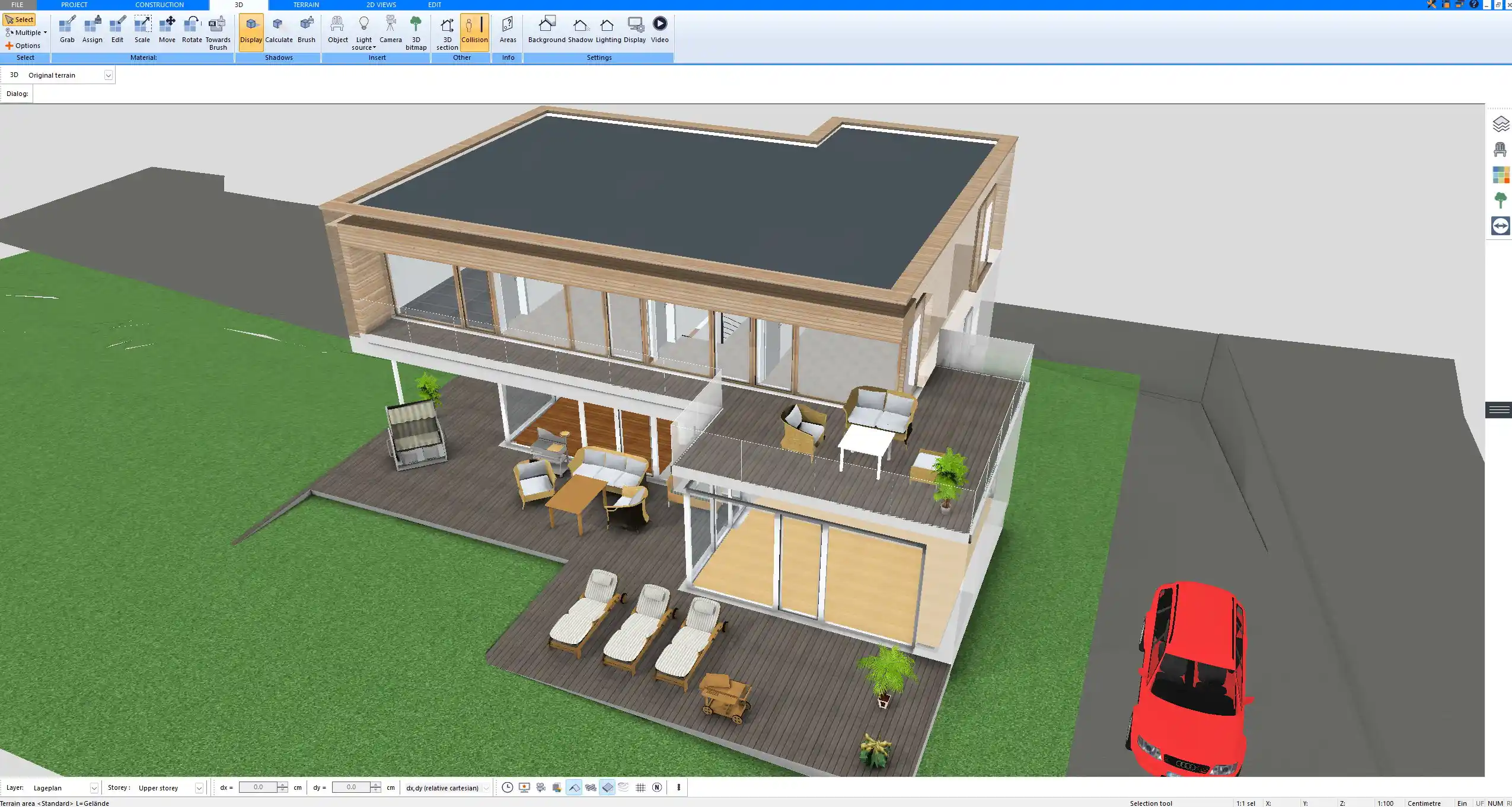 3D model created with Plan7Architect showing a modern house with a large deck and outdoor furniture