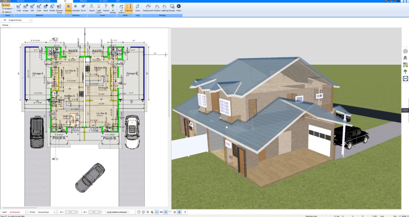3D model of a brick house with blue roof and garage created with Plan7Architect