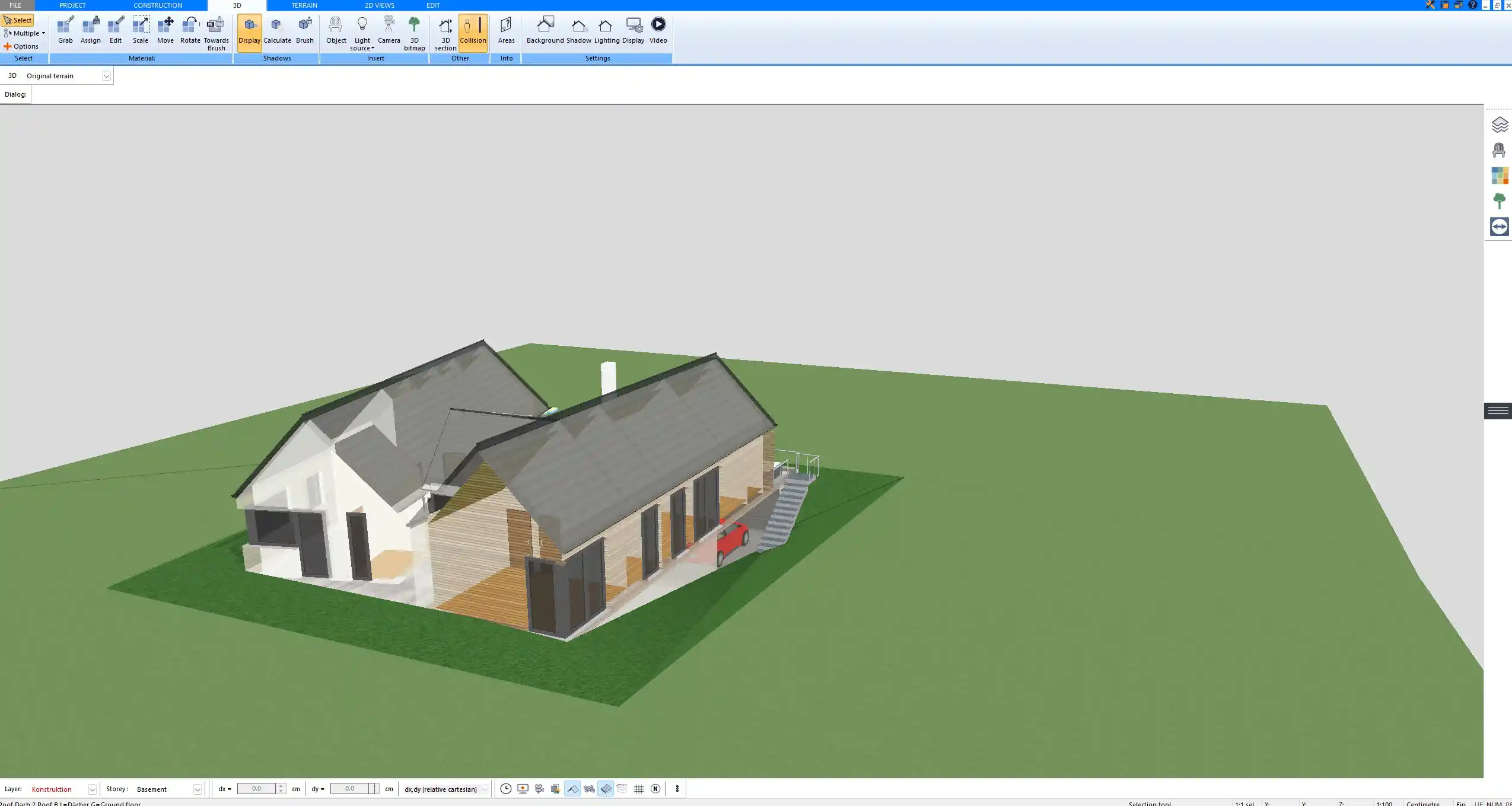 3D model of a small single-story house with gable roofs created with Plan7Architect