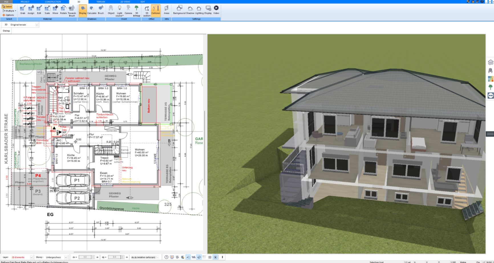 3D model of a two-story house with balconies and terrace designed with Plan7Architect
