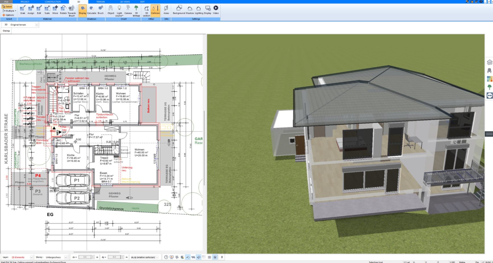 3D model of a two-story house with garage and balcony in Plan7Architect