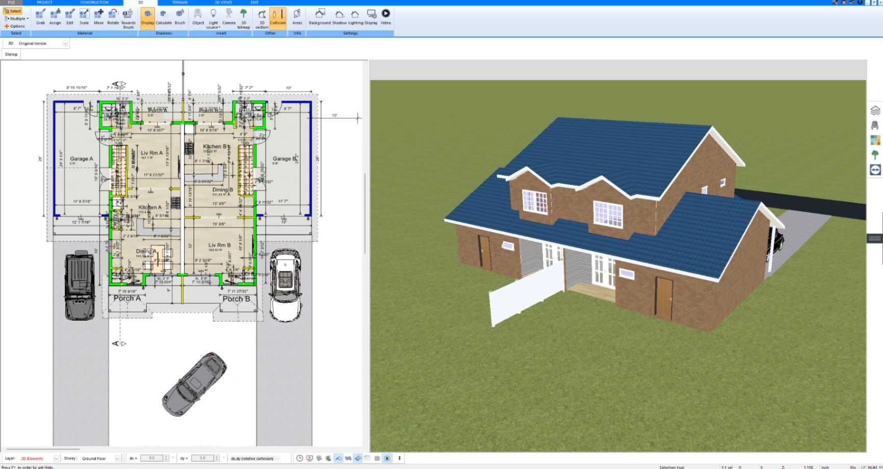 3D model of a two-story house with roof dormers created with Plan7Architect