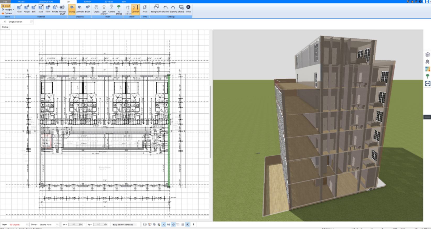 3D section through a multi-story building with floors and walls in Plan7Architect