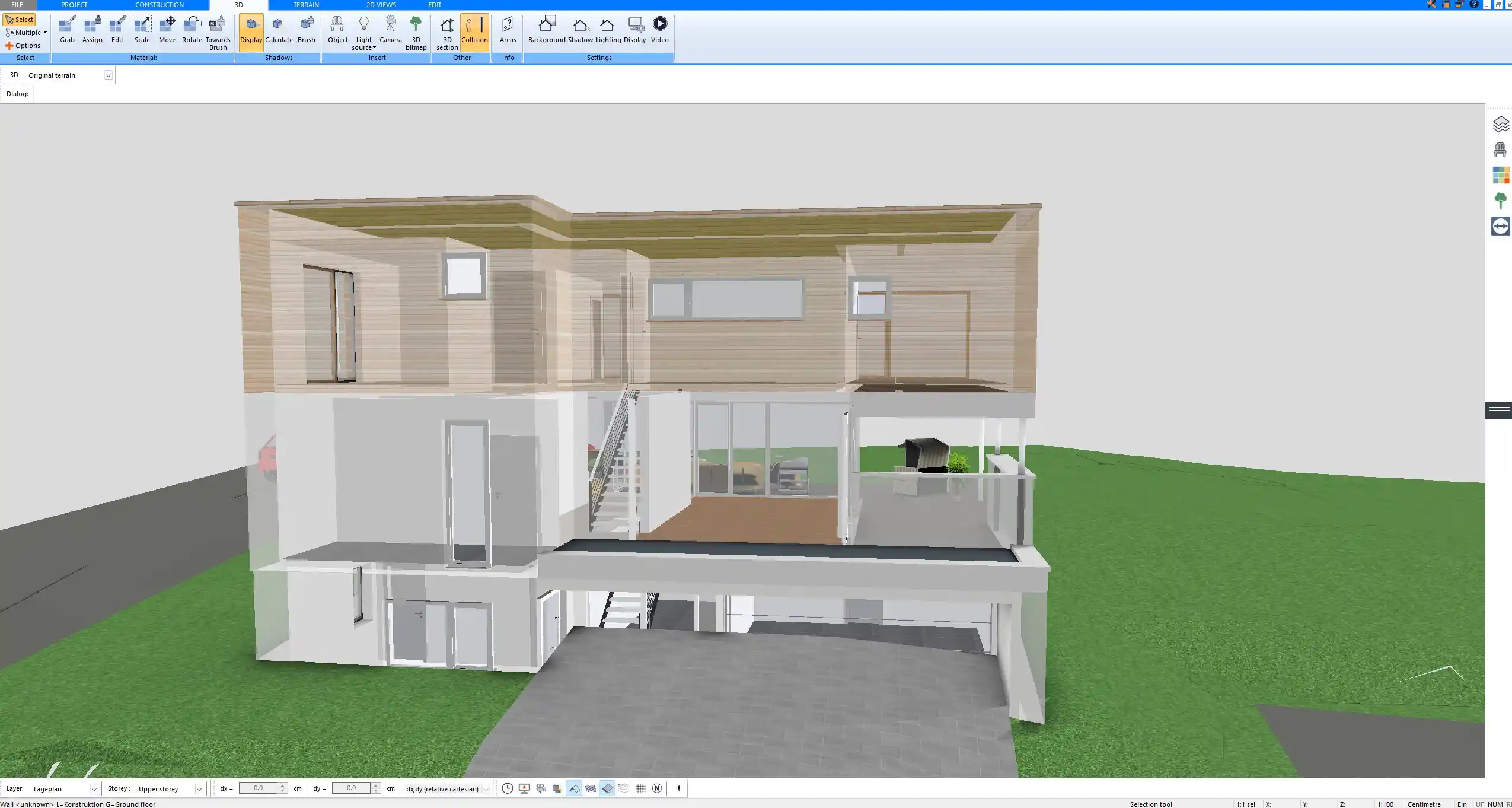 3D section view created with Plan7Architect showing a house on a slope with a basement level